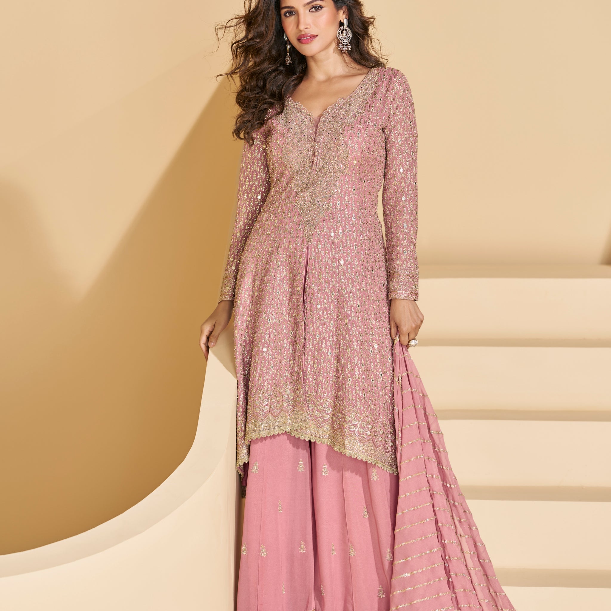 Pink Heavy Embroidered Georgette Sharara Suit