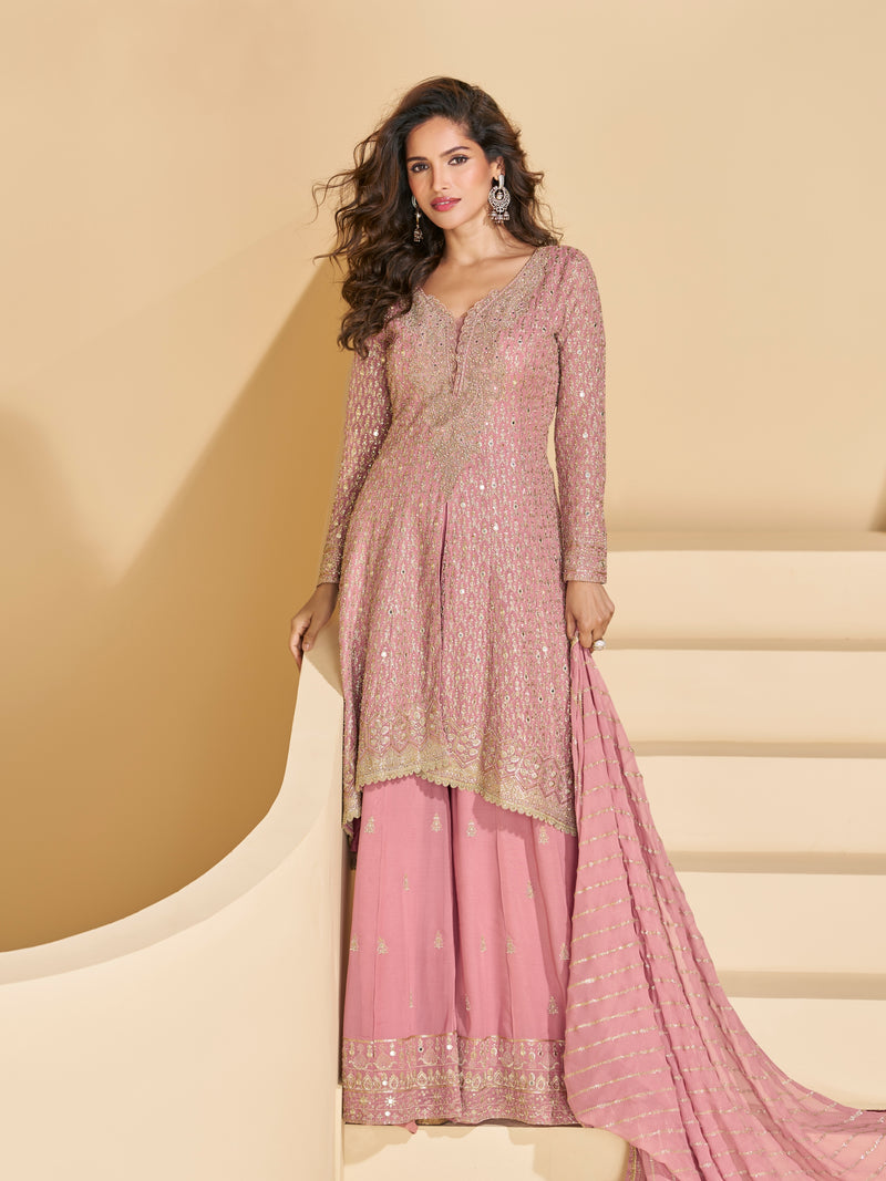 Pink Heavy Embroidered Georgette Sharara Suit