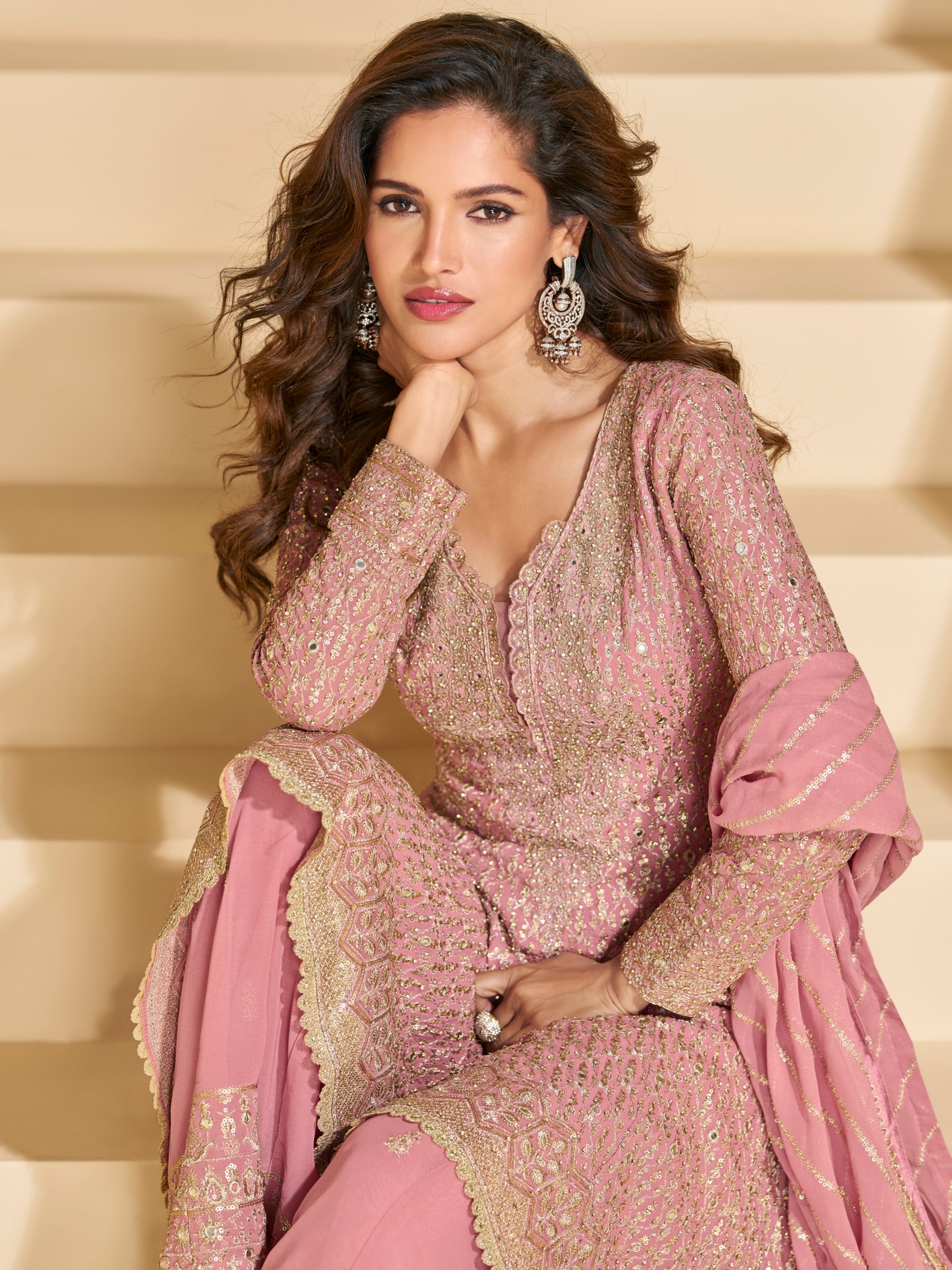 Pink Heavy Embroidered Georgette Sharara Suit