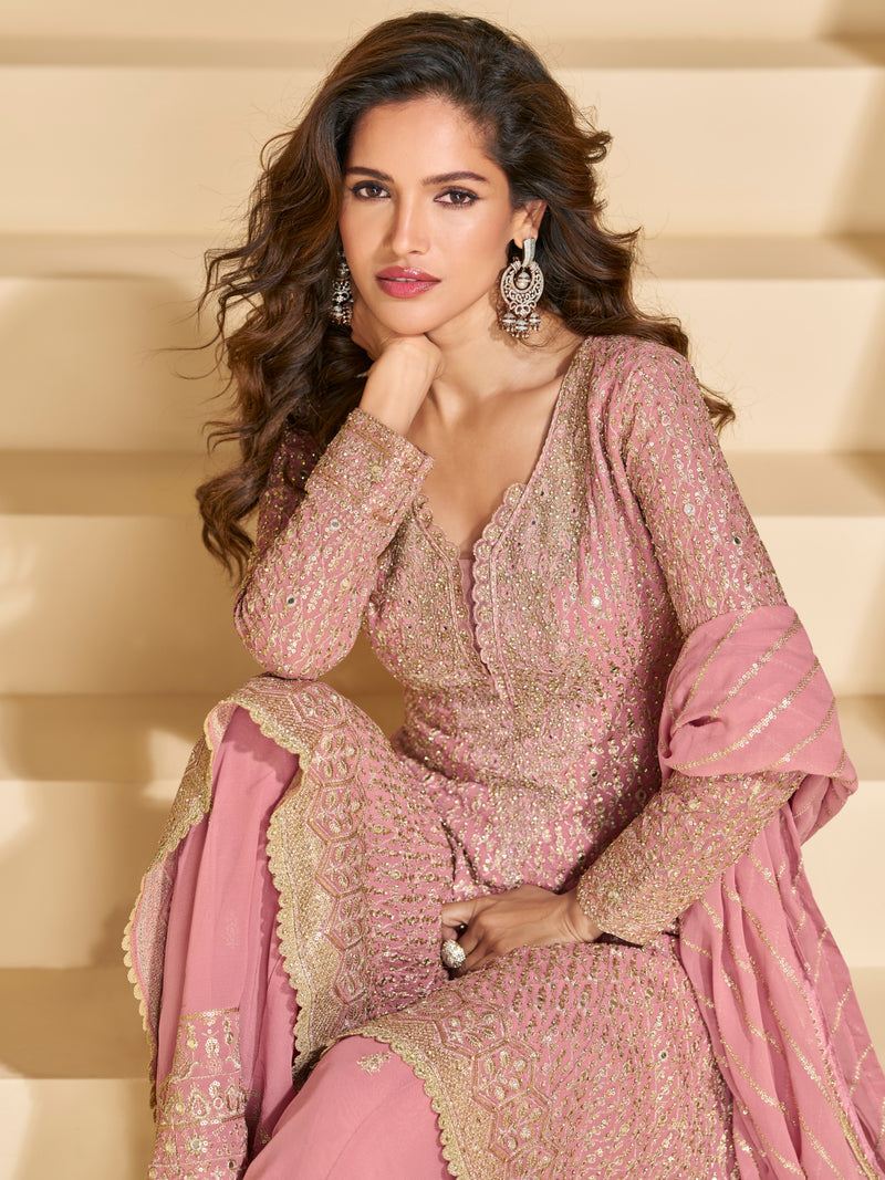 Pink Heavy Embroidered Georgette Sharara Suit
