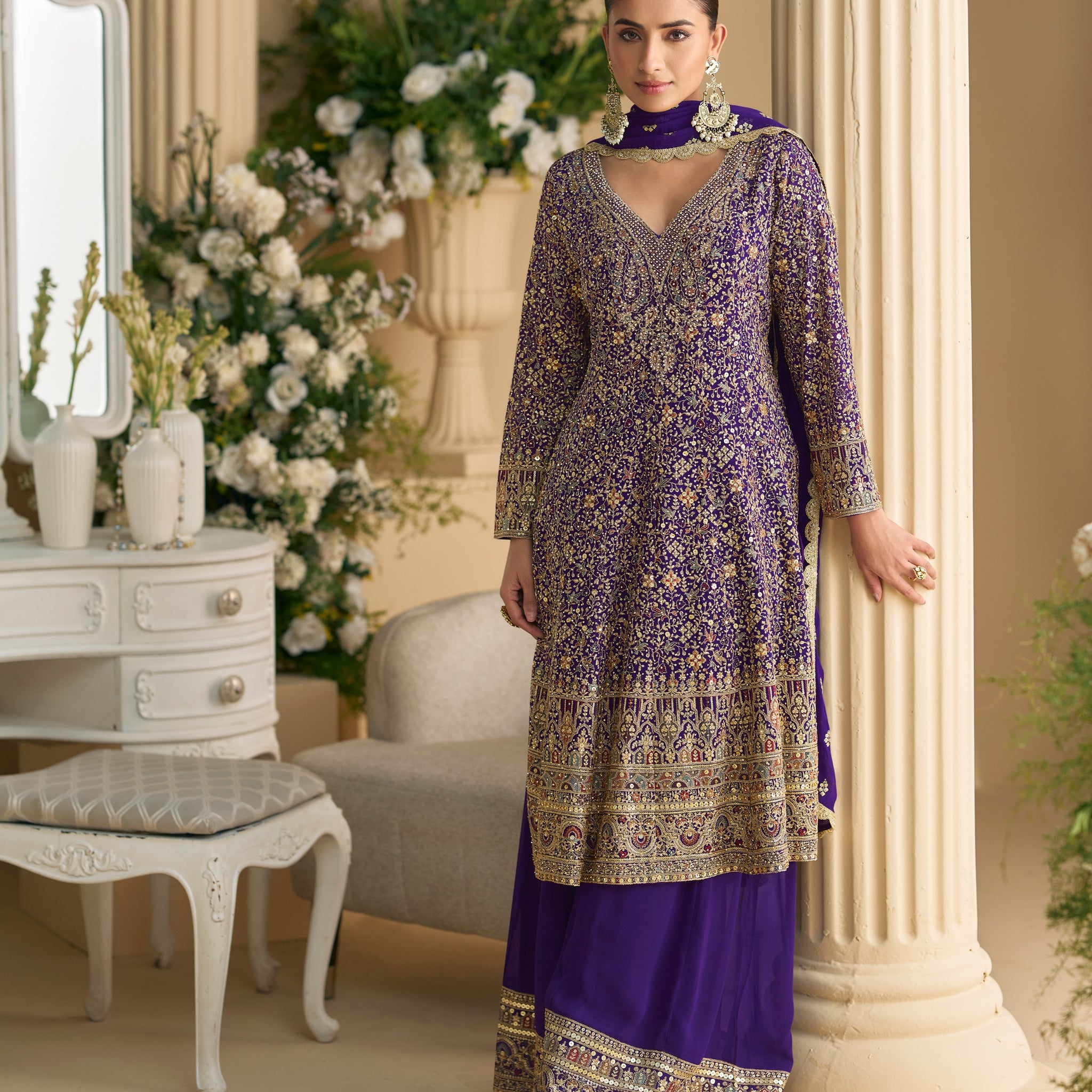 Royal Purple Heavy Embroidered Georgette Sharara Suit