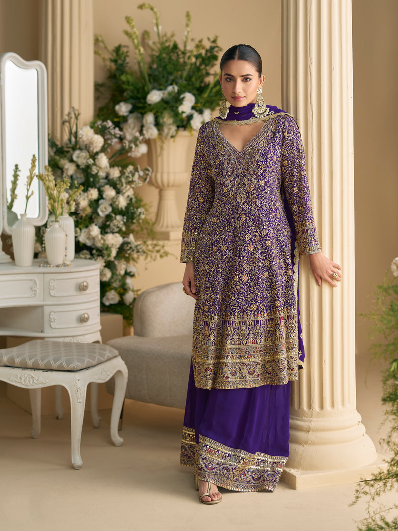 Royal Purple Heavy Embroidered Georgette Sharara Suit