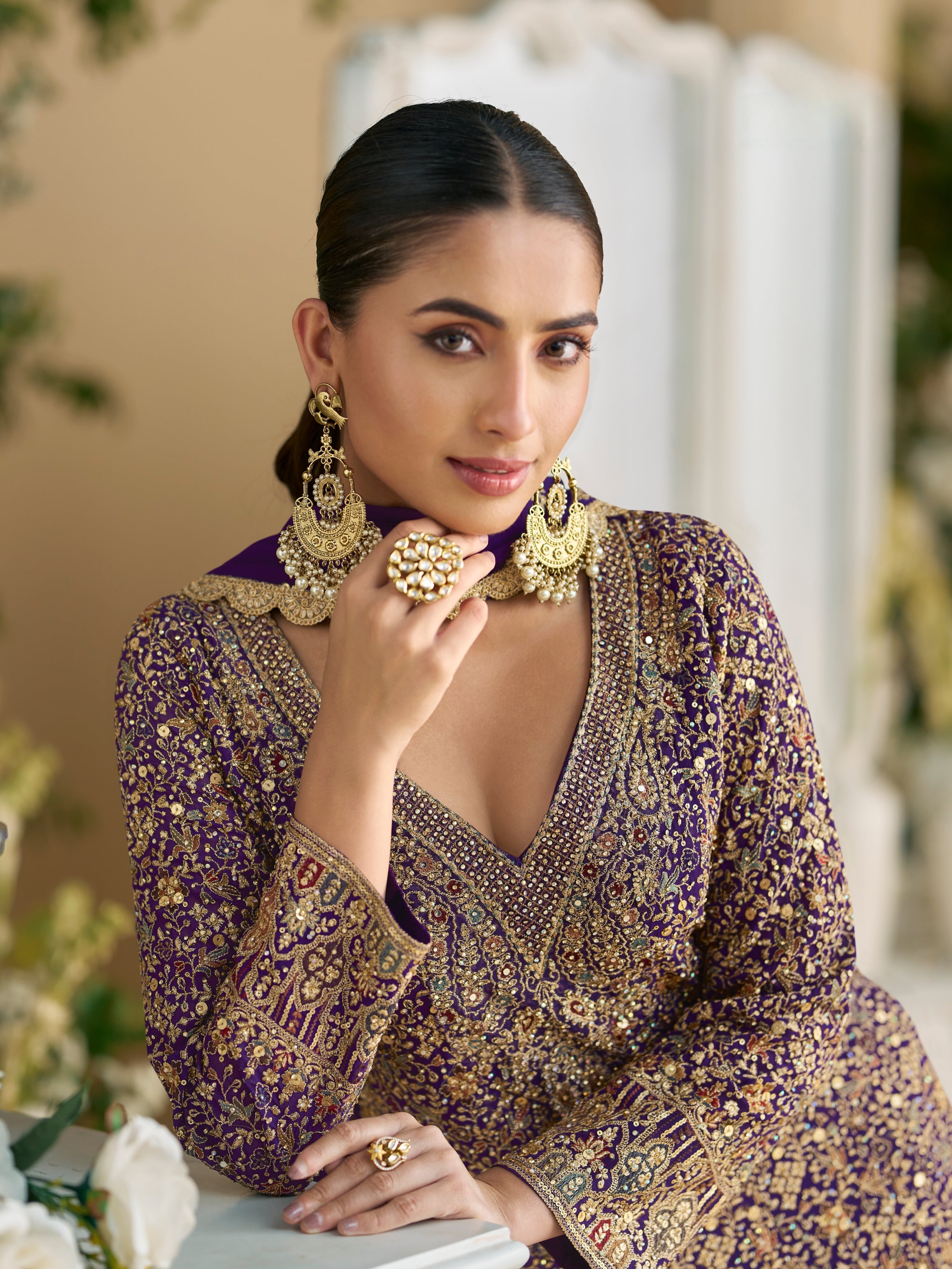 Royal Purple Heavy Embroidered Georgette Sharara Suit