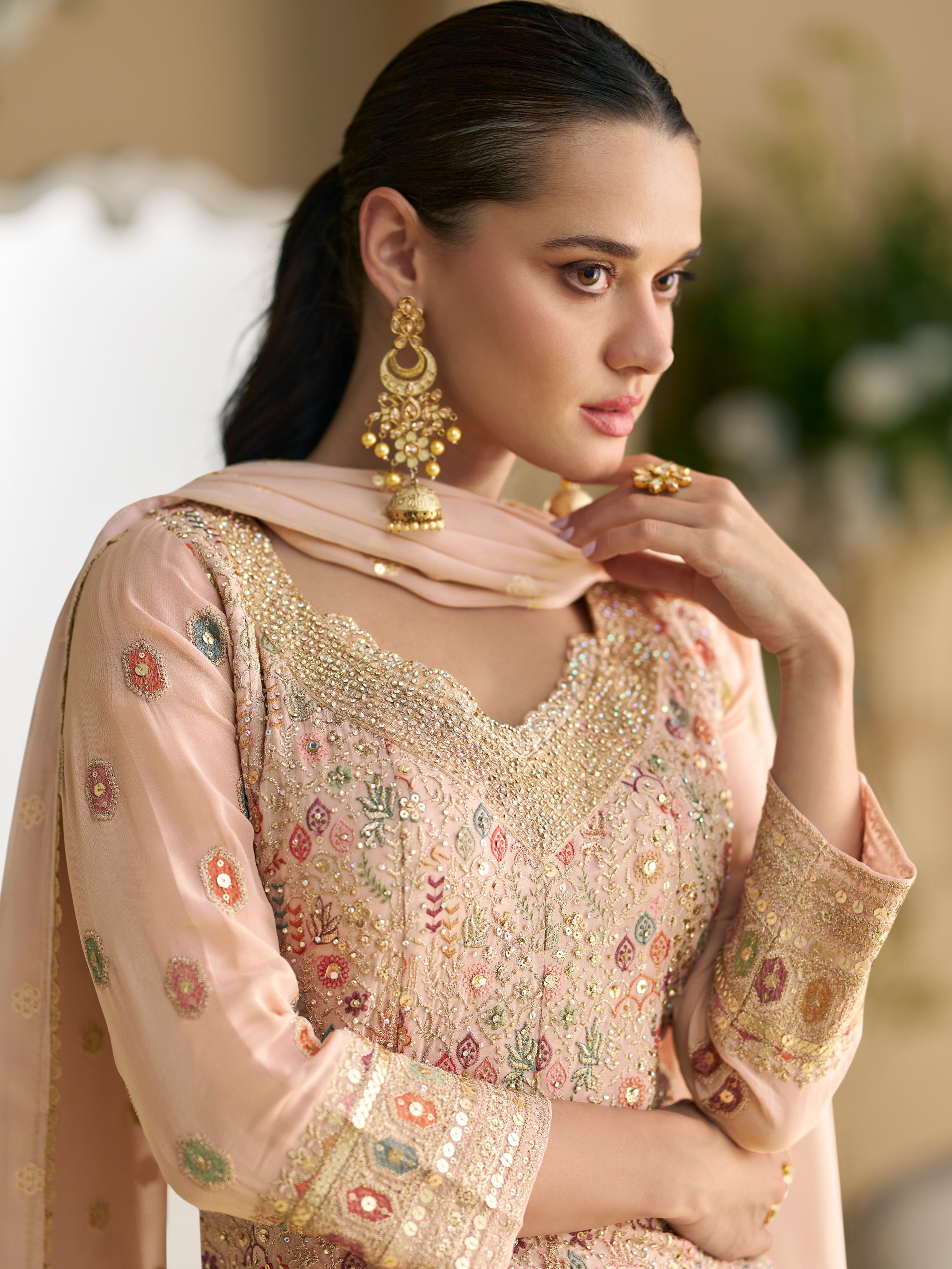 Peach Heavy Embroidered Georgette Sharara Suit