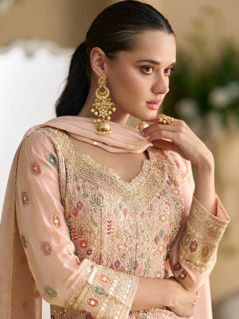 Peach Heavy Embroidered Georgette Sharara Suit