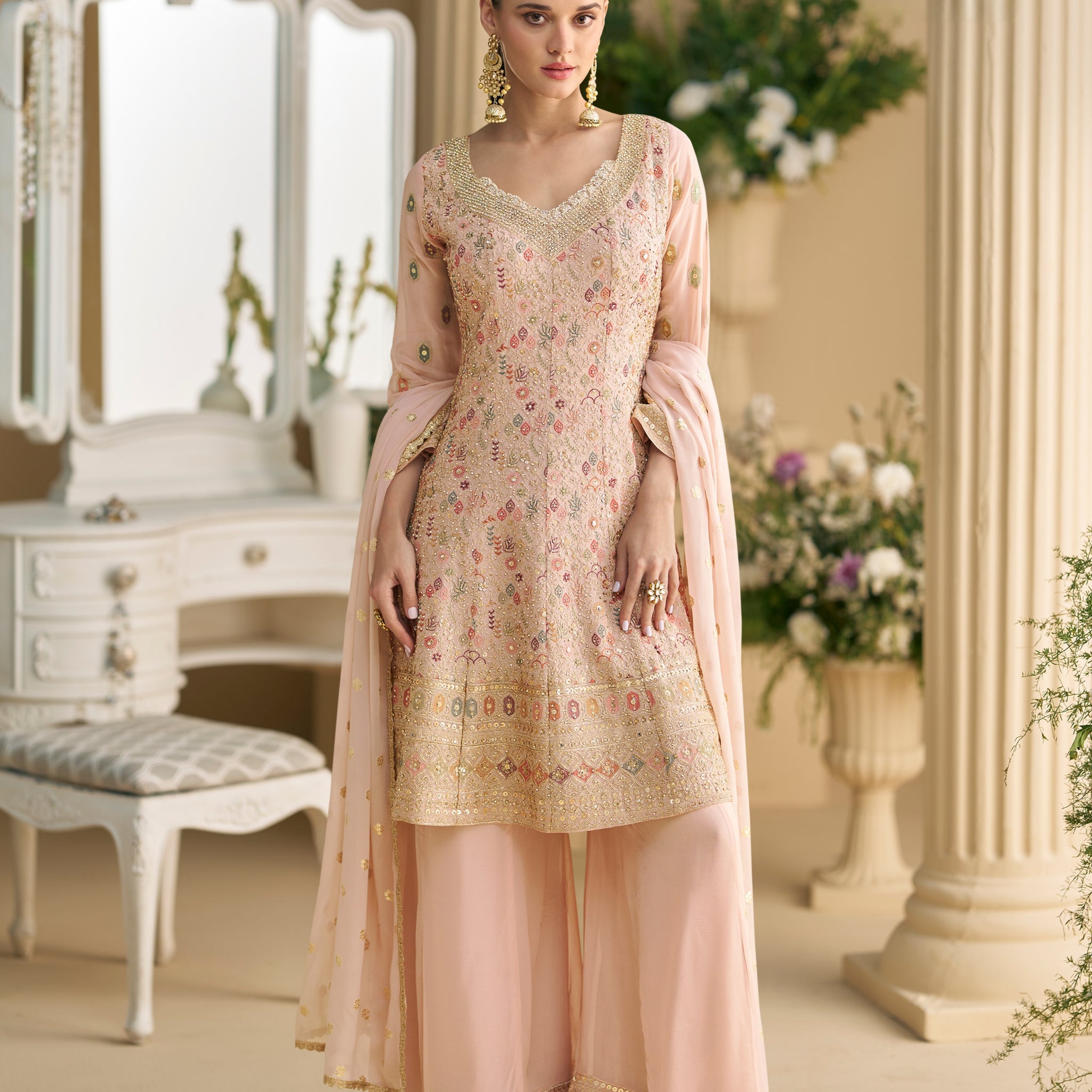 Peach Heavy Embroidered Georgette Sharara Suit