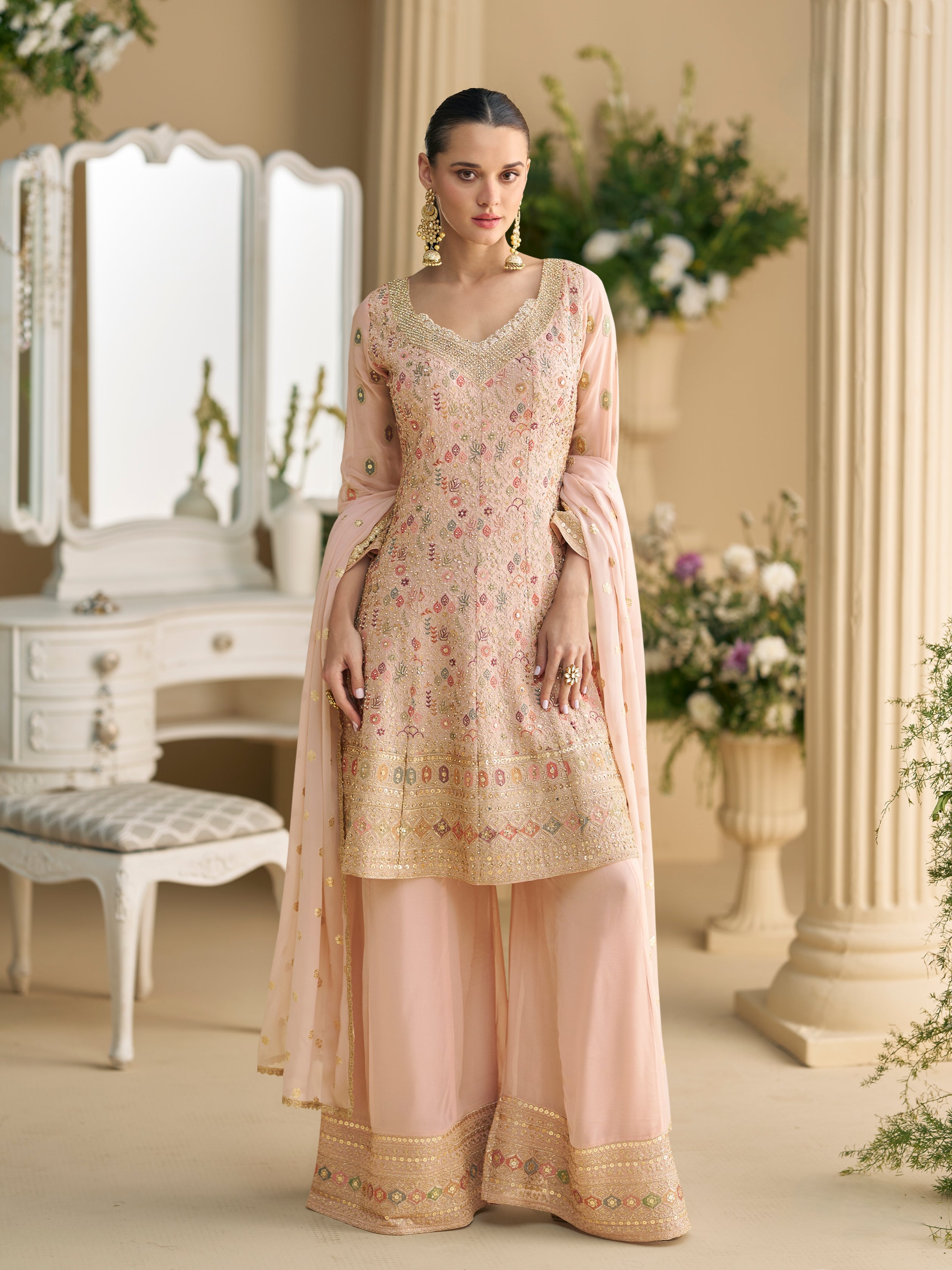 Peach Heavy Embroidered Georgette Sharara Suit
