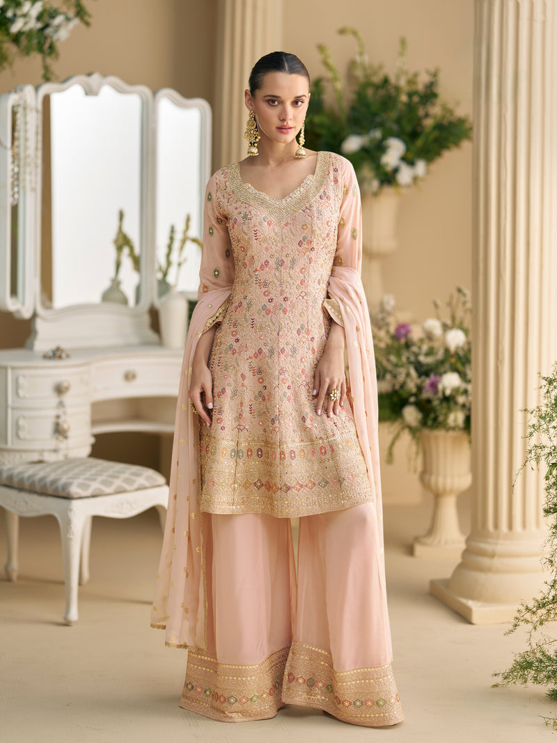 Peach Heavy Embroidered Georgette Sharara Suit