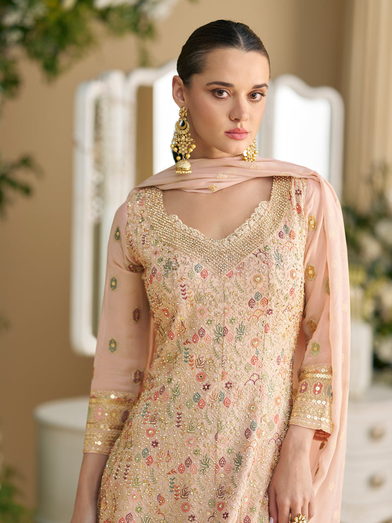 Peach Heavy Embroidered Georgette Sharara Suit
