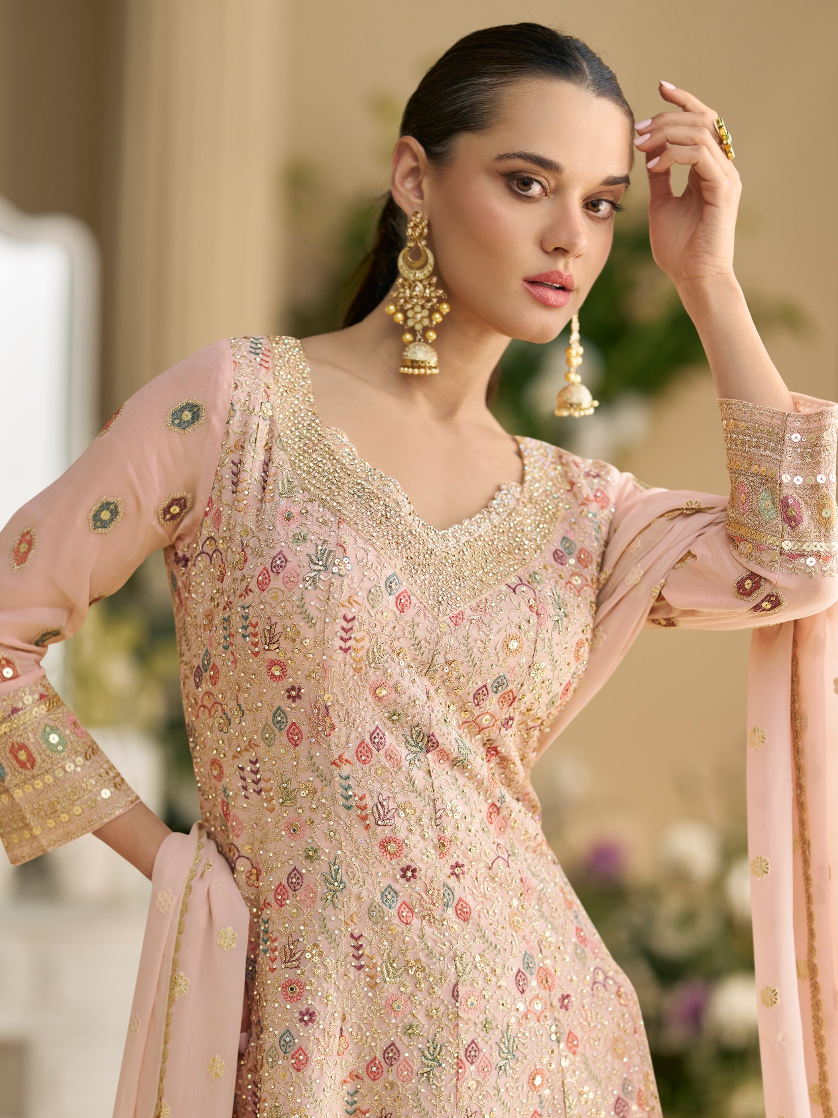 Peach Heavy Embroidered Georgette Sharara Suit