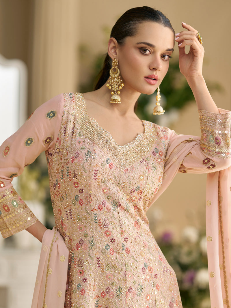 Peach Heavy Embroidered Georgette Sharara Suit