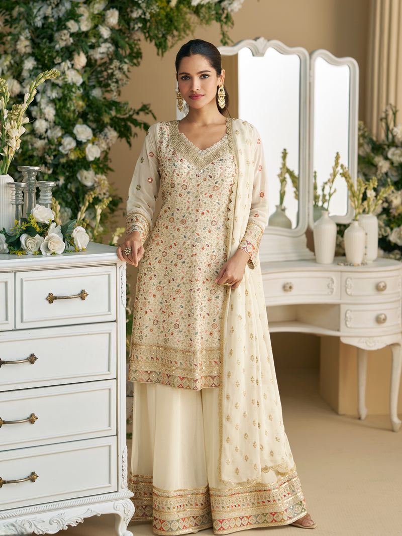 Ivory White Heavy Embroidered Georgette Sharara Suit
