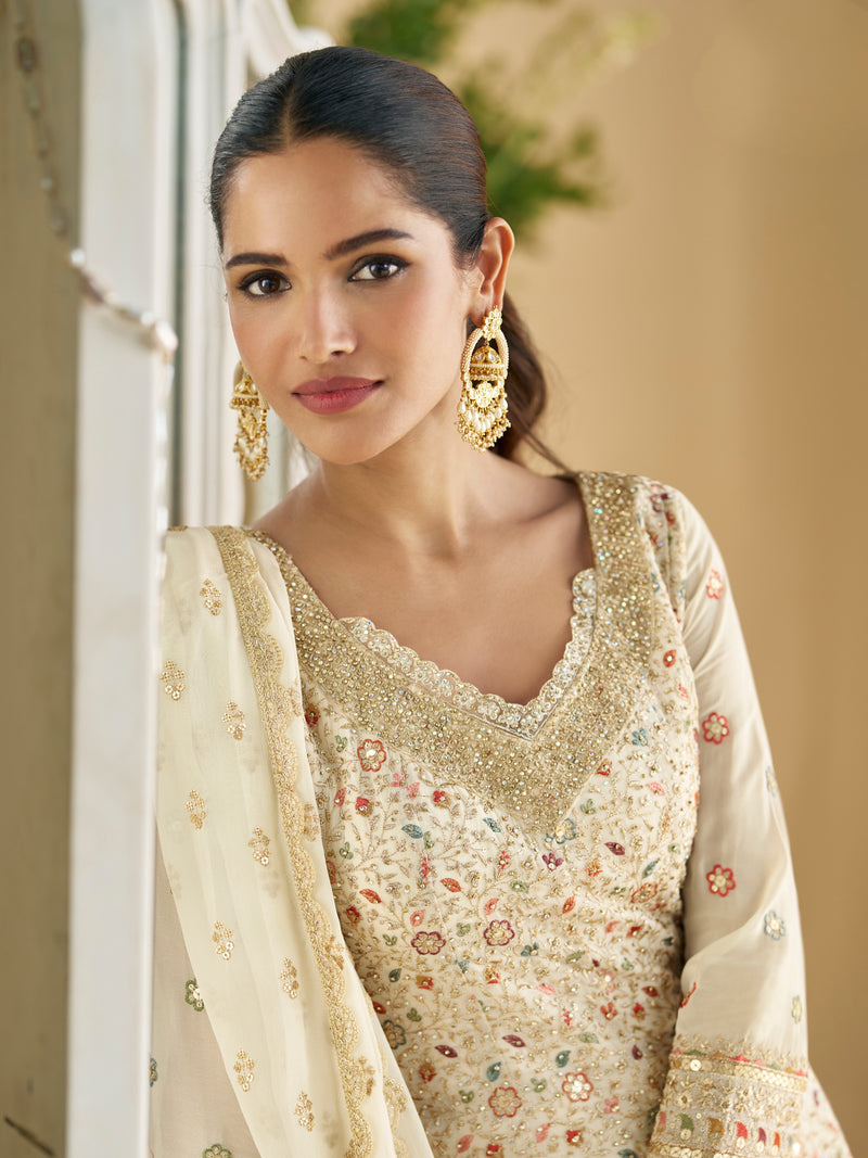 Ivory White Heavy Embroidered Georgette Sharara Suit