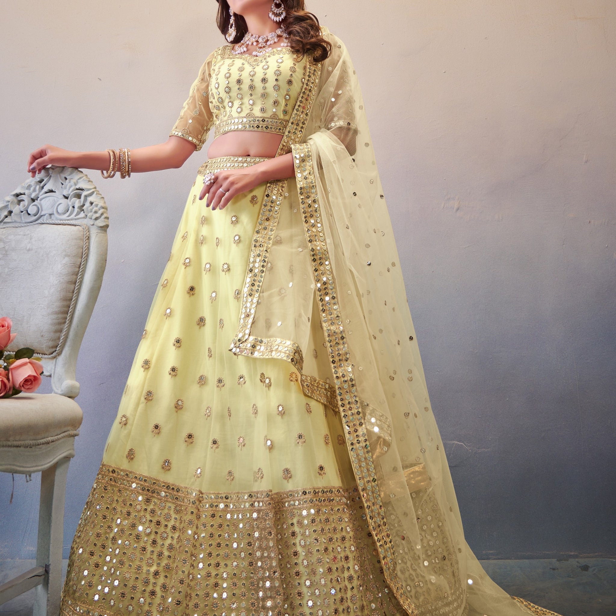 Light Cream Wedding Lehenga Choli with intricate mirror work and embroidered dupatta