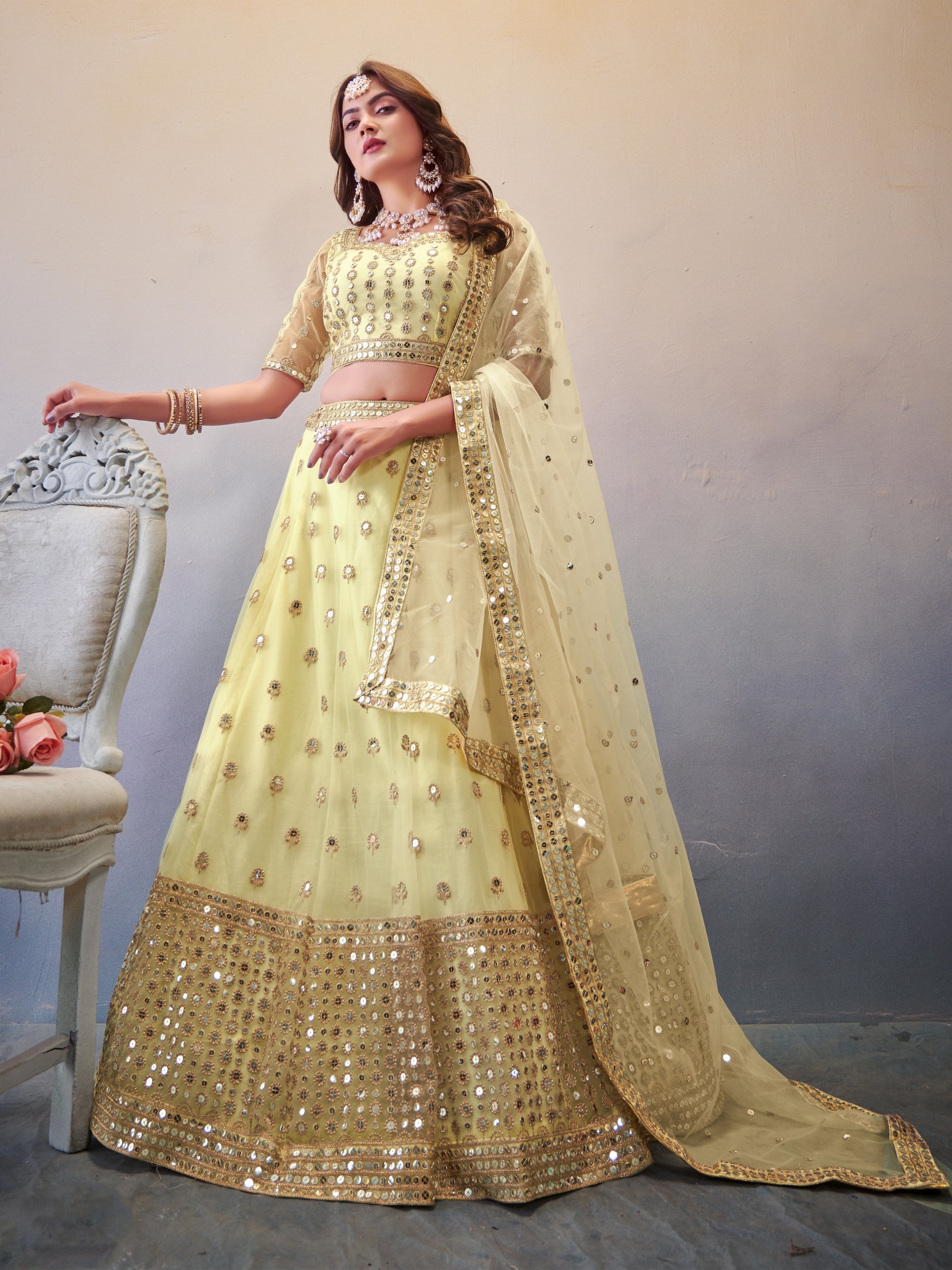 Light Cream Wedding Lehenga Choli with intricate mirror work and embroidered dupatta
