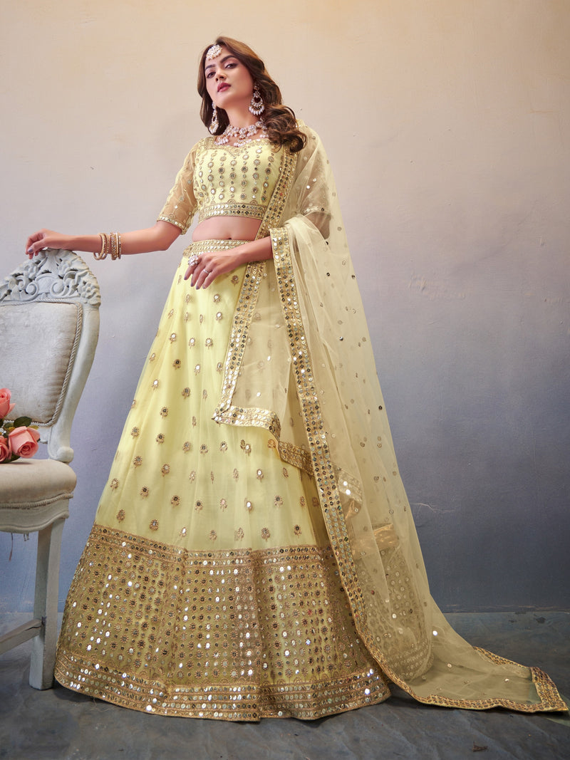 Light Cream Wedding Lehenga Choli with intricate mirror work and embroidered dupatta