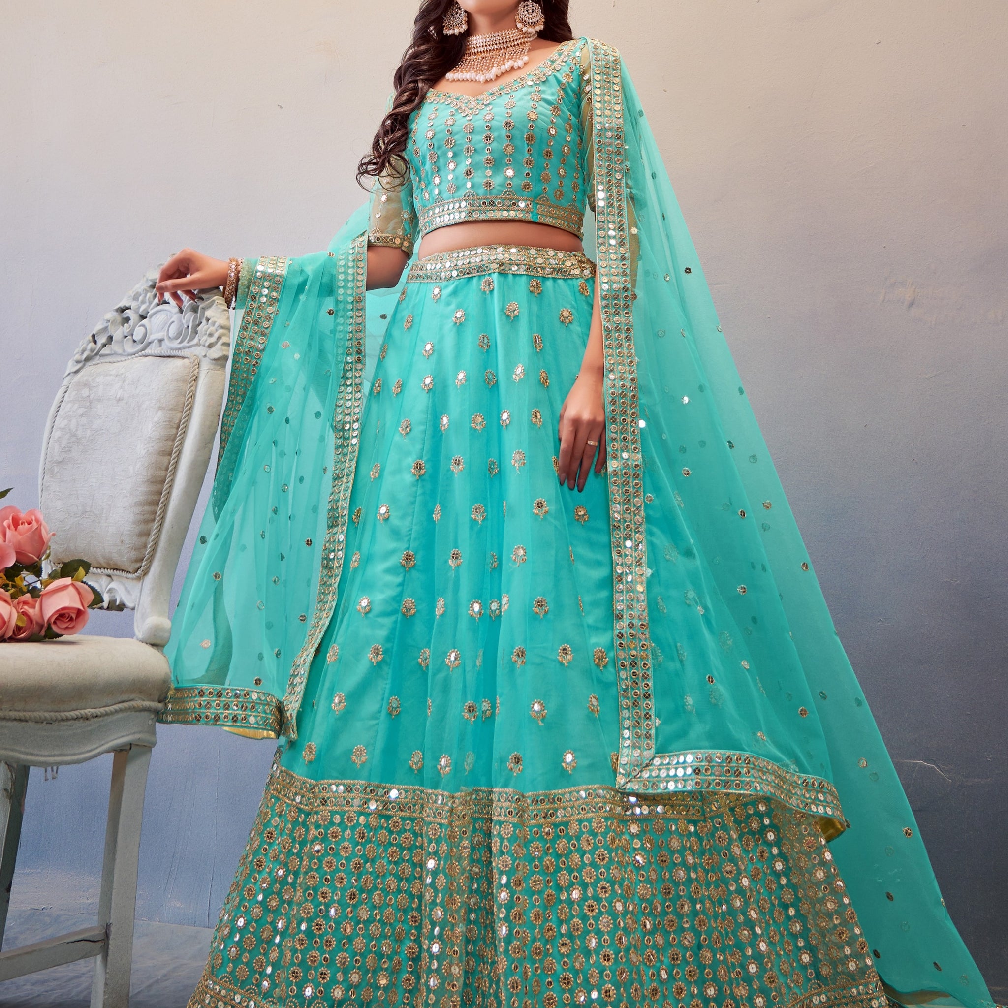 Sky blue lehenga choli with mirror and sequin embroidery for weddings