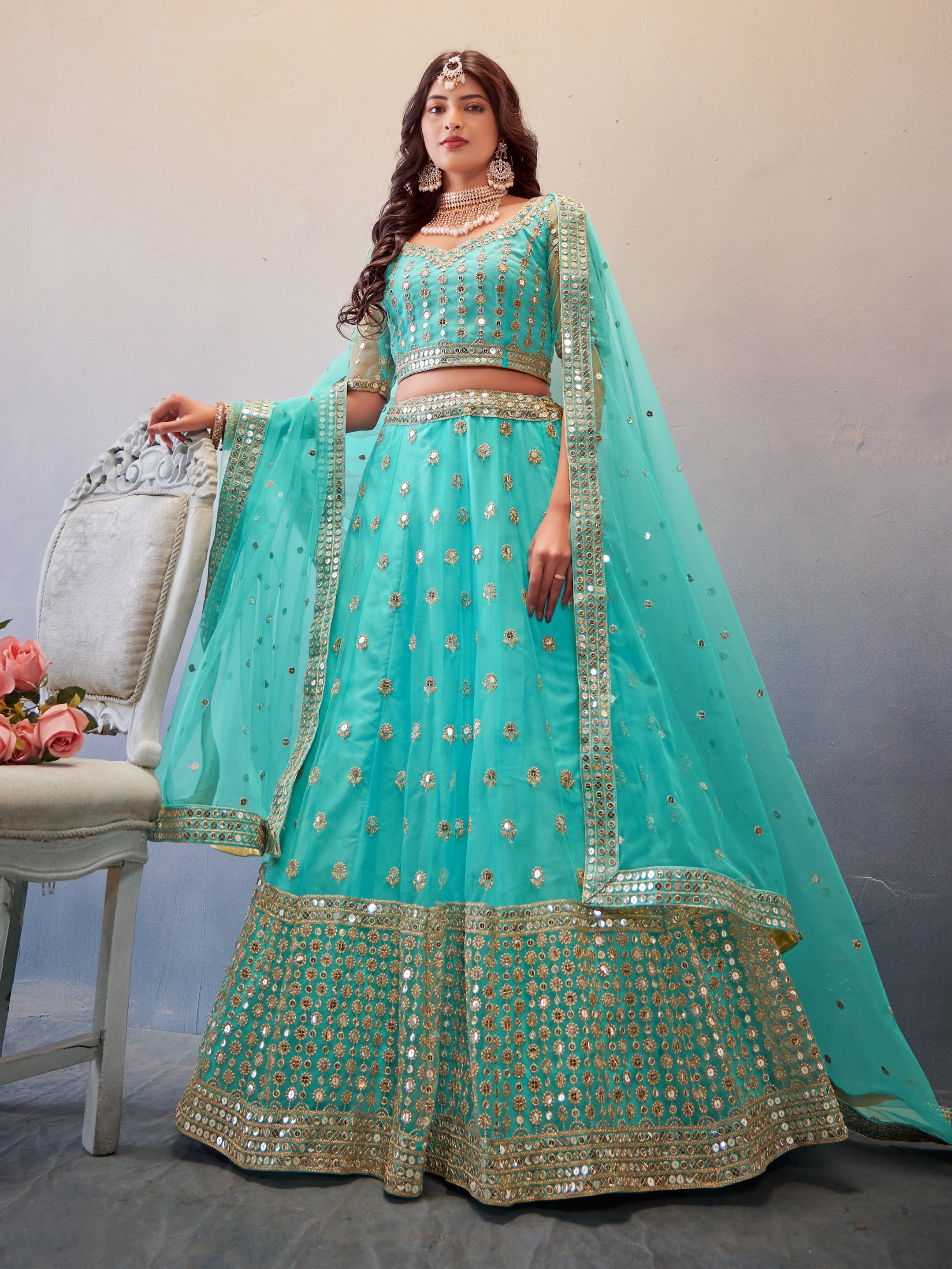 Sky blue lehenga choli with mirror and sequin embroidery for weddings