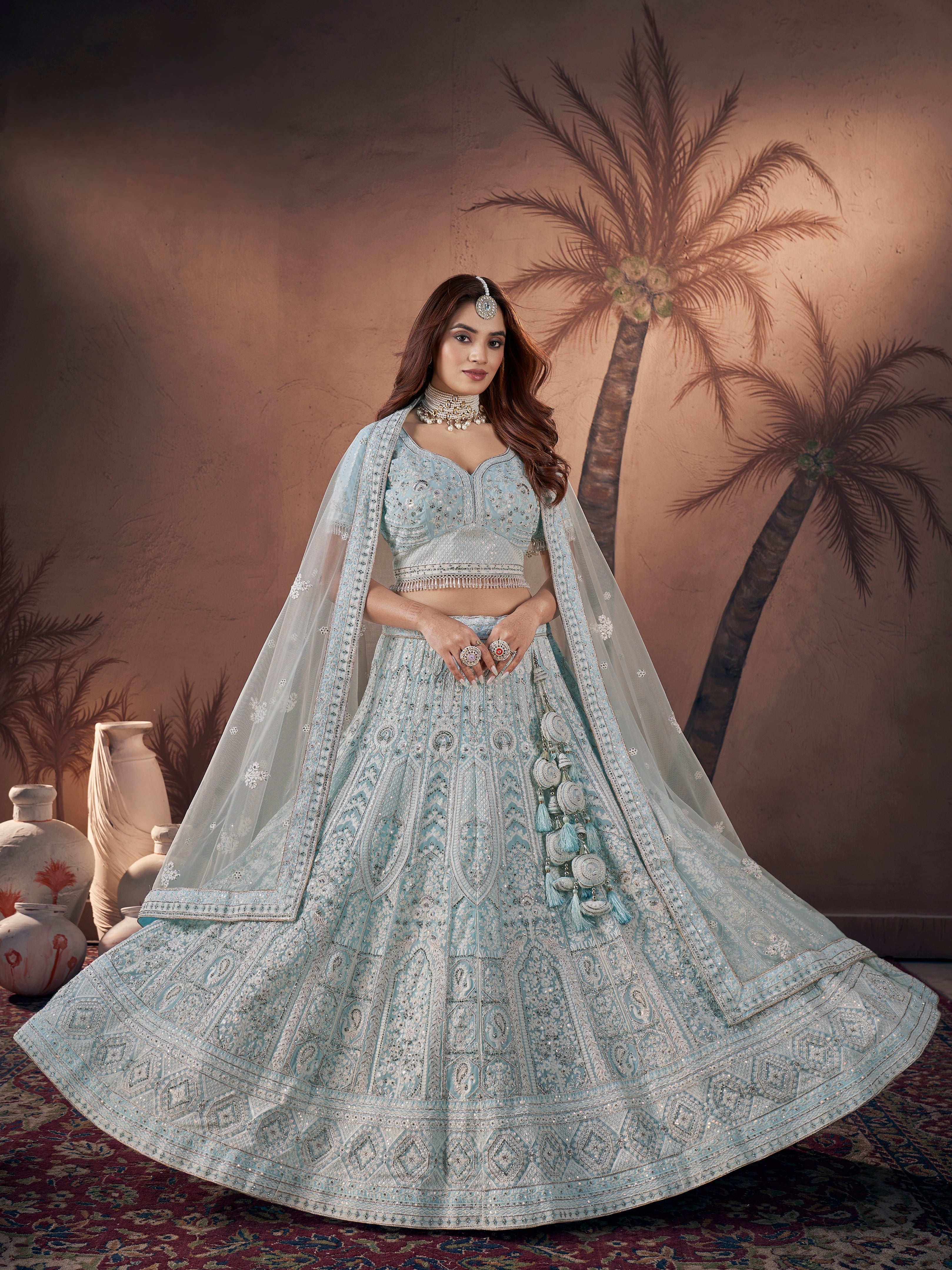 Ice blue bridal lehenga with full zarkan handwork and net dupatta