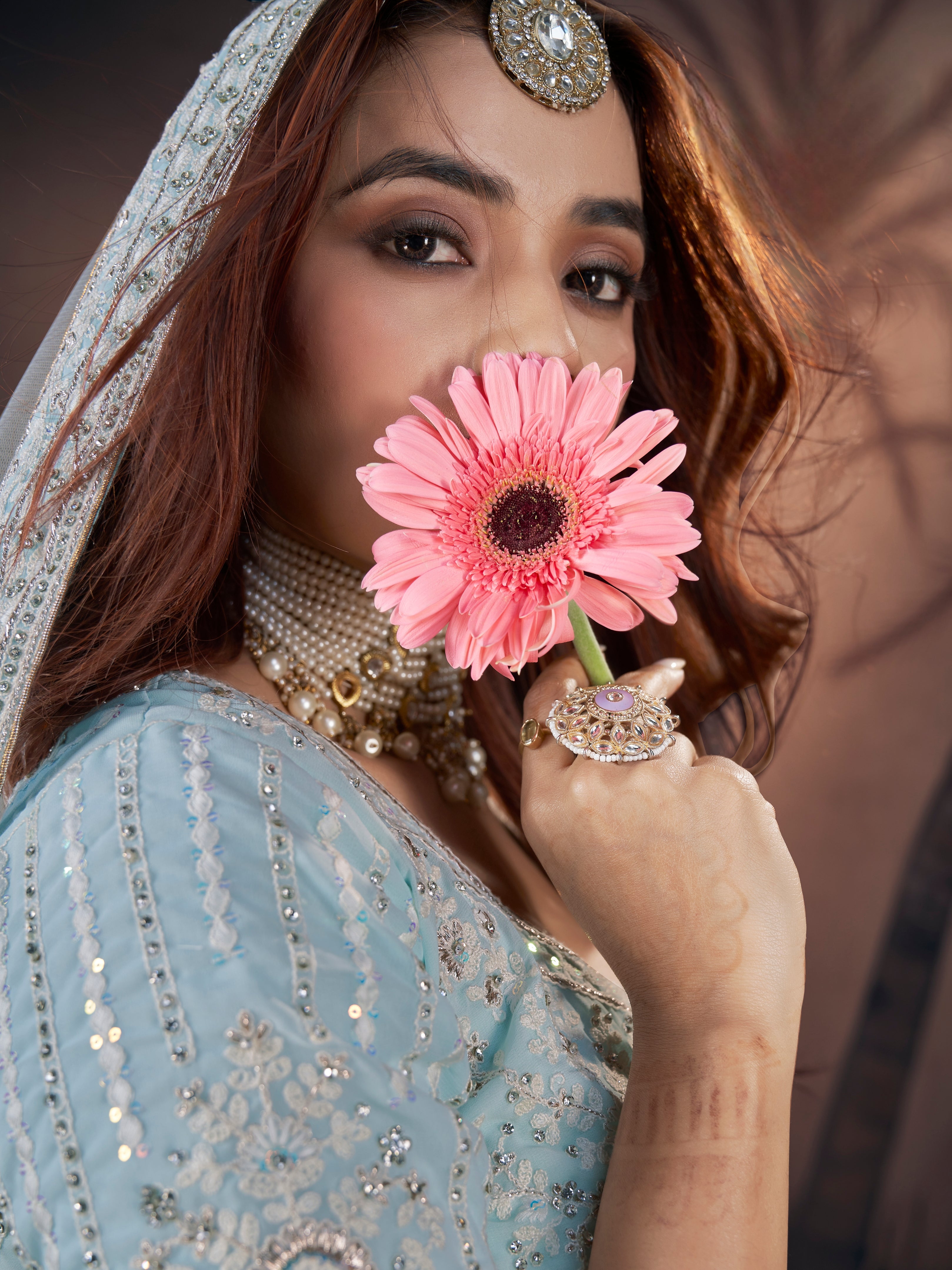 Bridal lehenga with 5.5-meter flair and embroidered blouse and dupatta