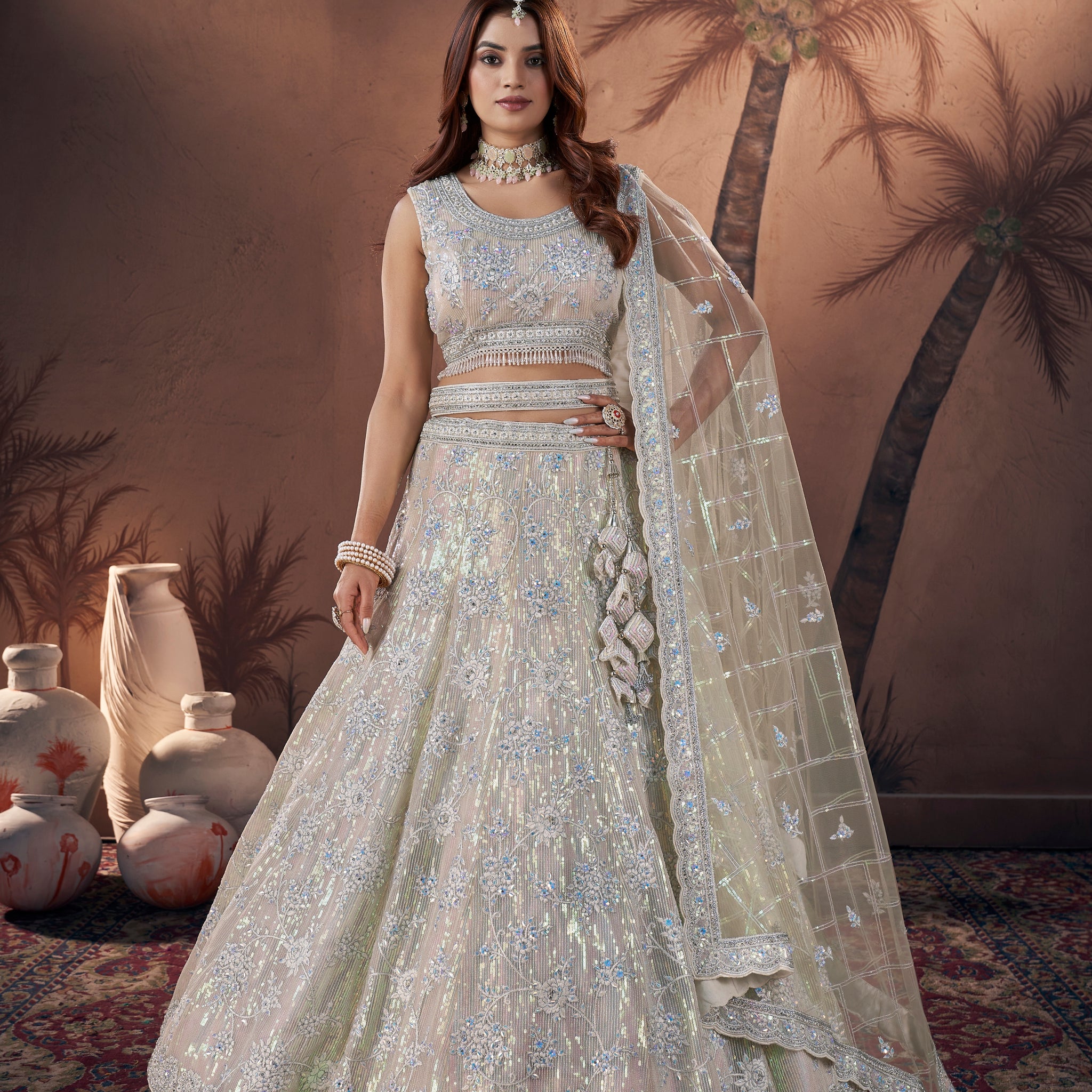 Ivory Bridal Lehenga Choli with Zarkan & Sequins Embroidery