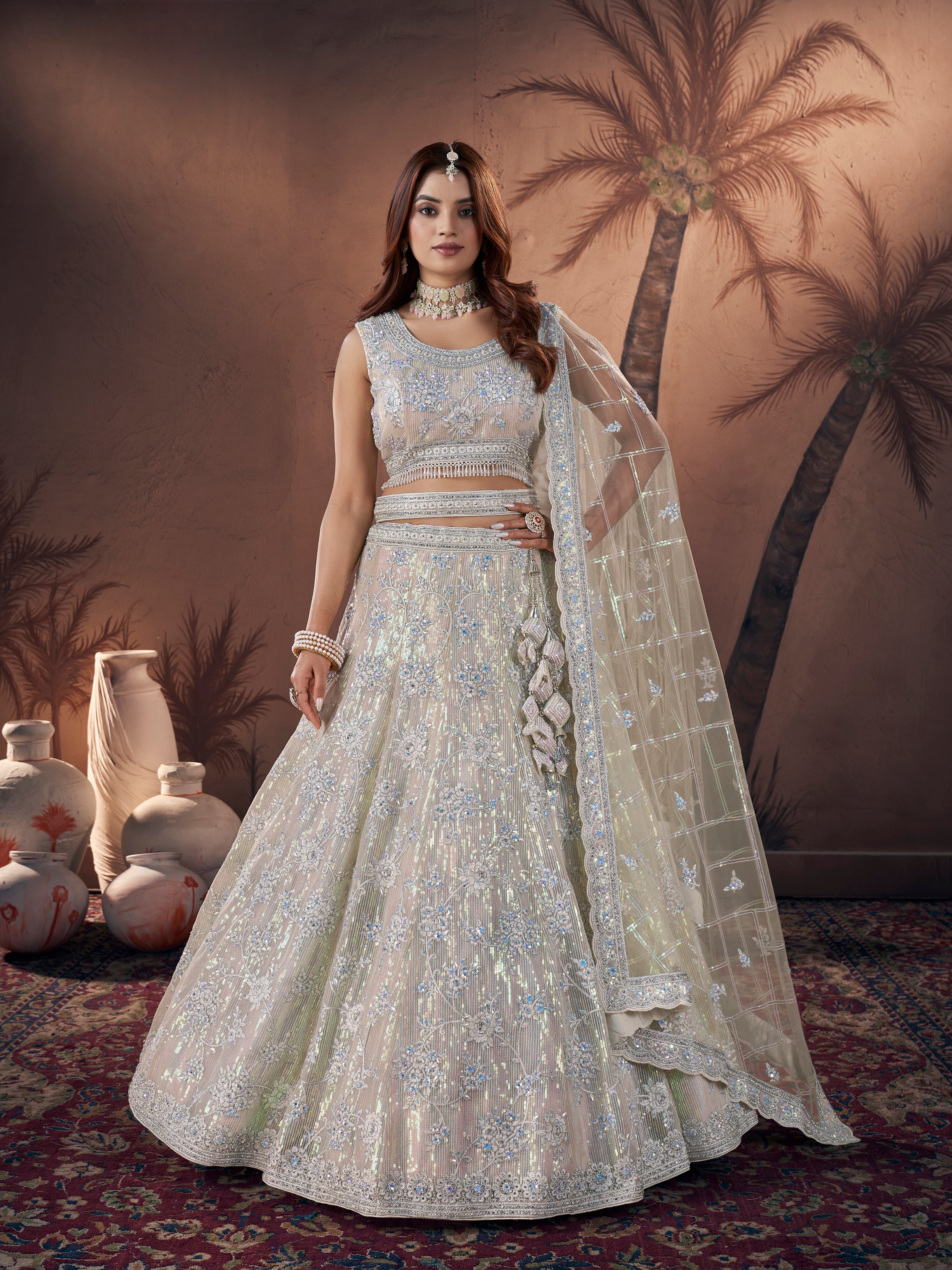 Ivory Bridal Lehenga Choli with Zarkan & Sequins Embroidery
