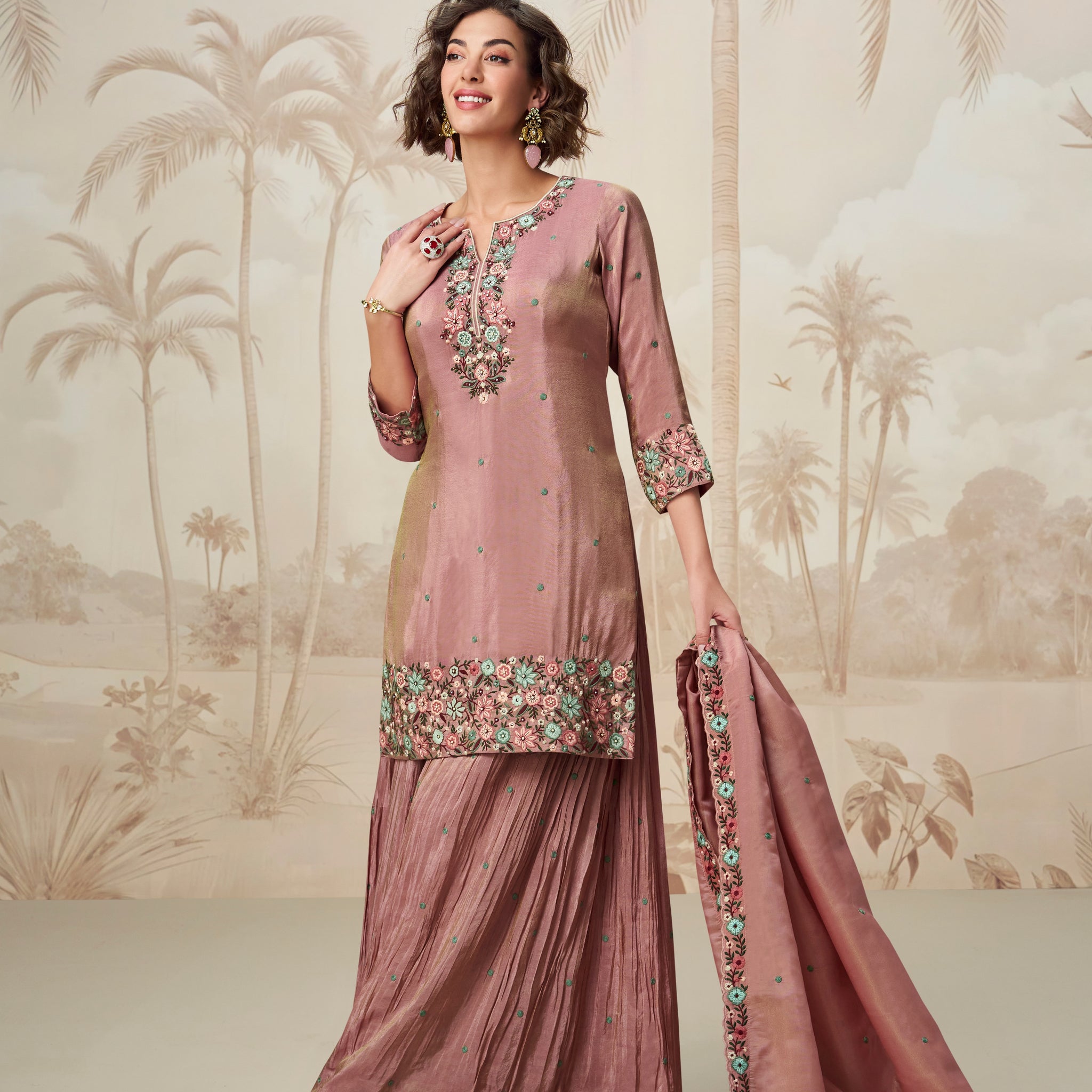 Mauve embroidered palazzo suit front view