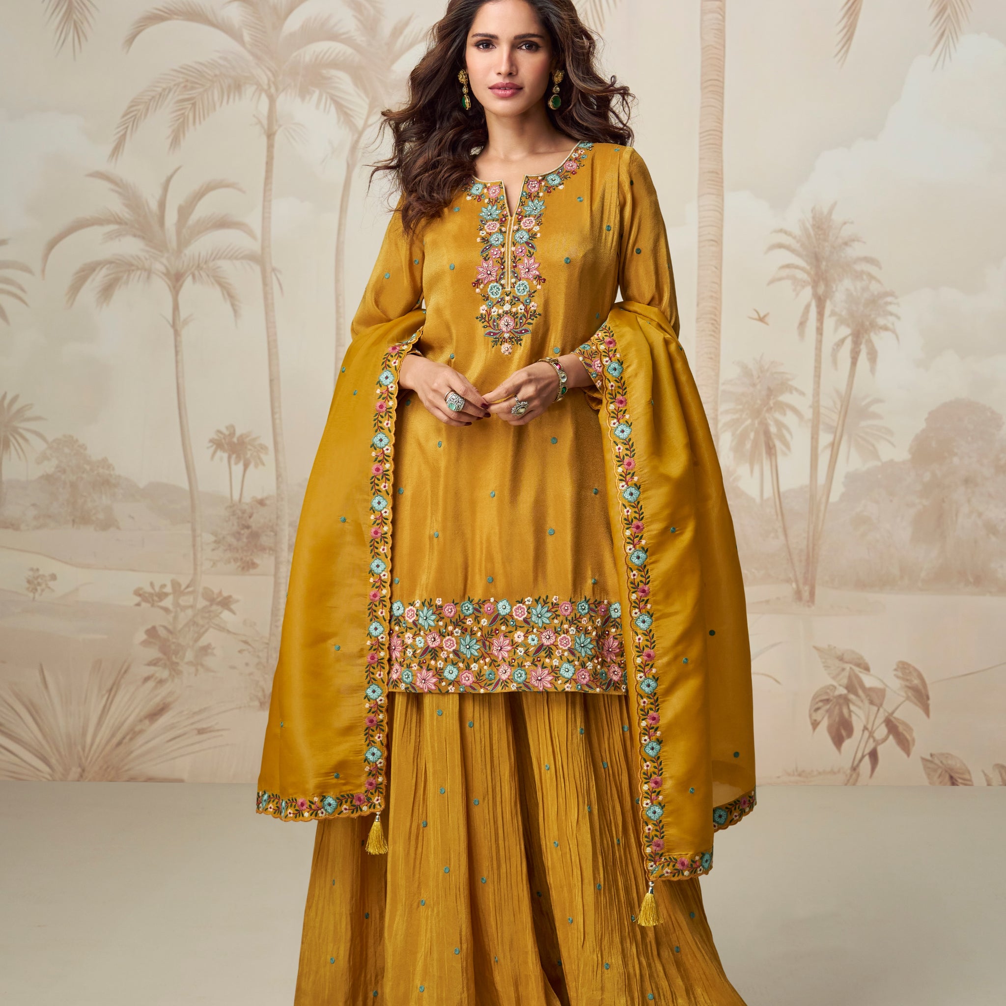 Mustard yellow embroidered palazzo suit front view