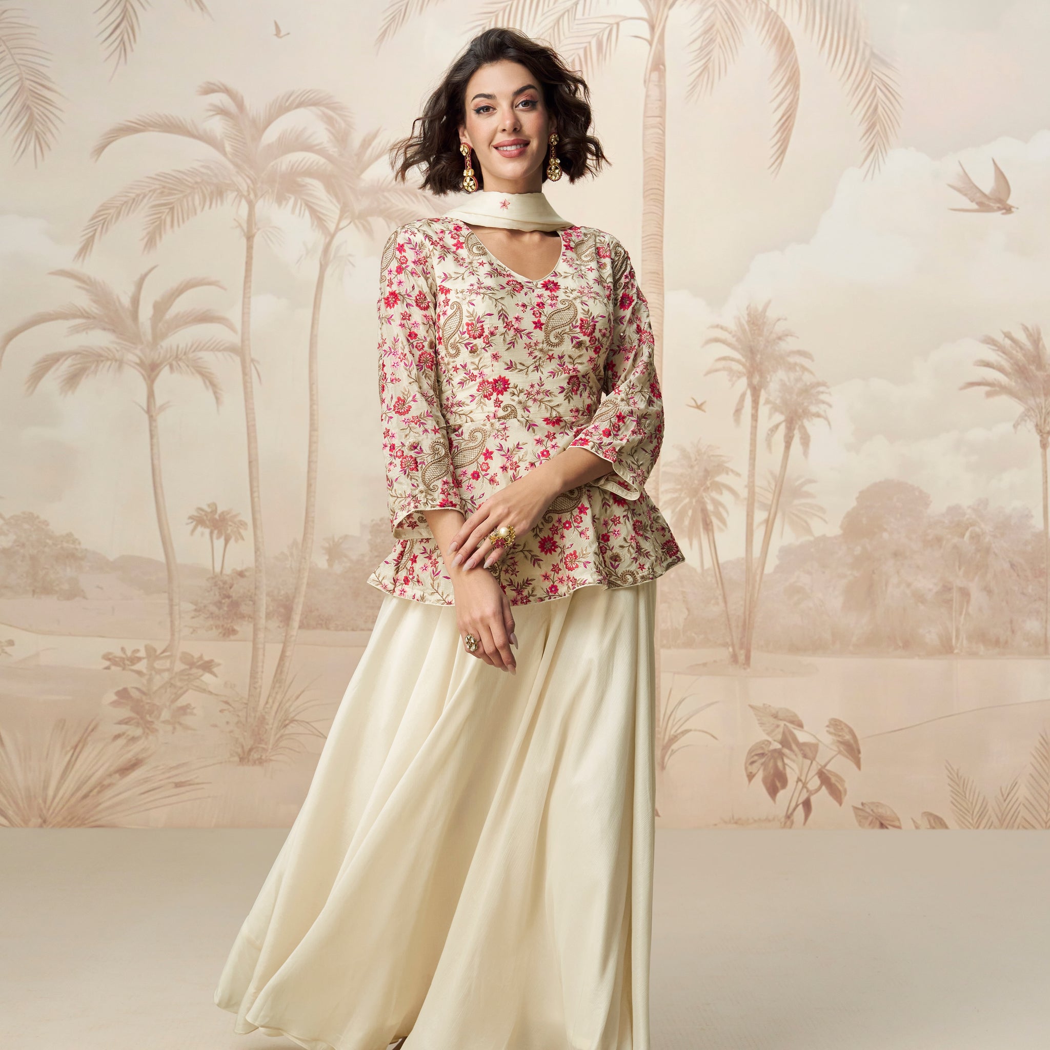 Ivory Palazzo Suit Front View in Chinnon Silk with Floral Embroidery
