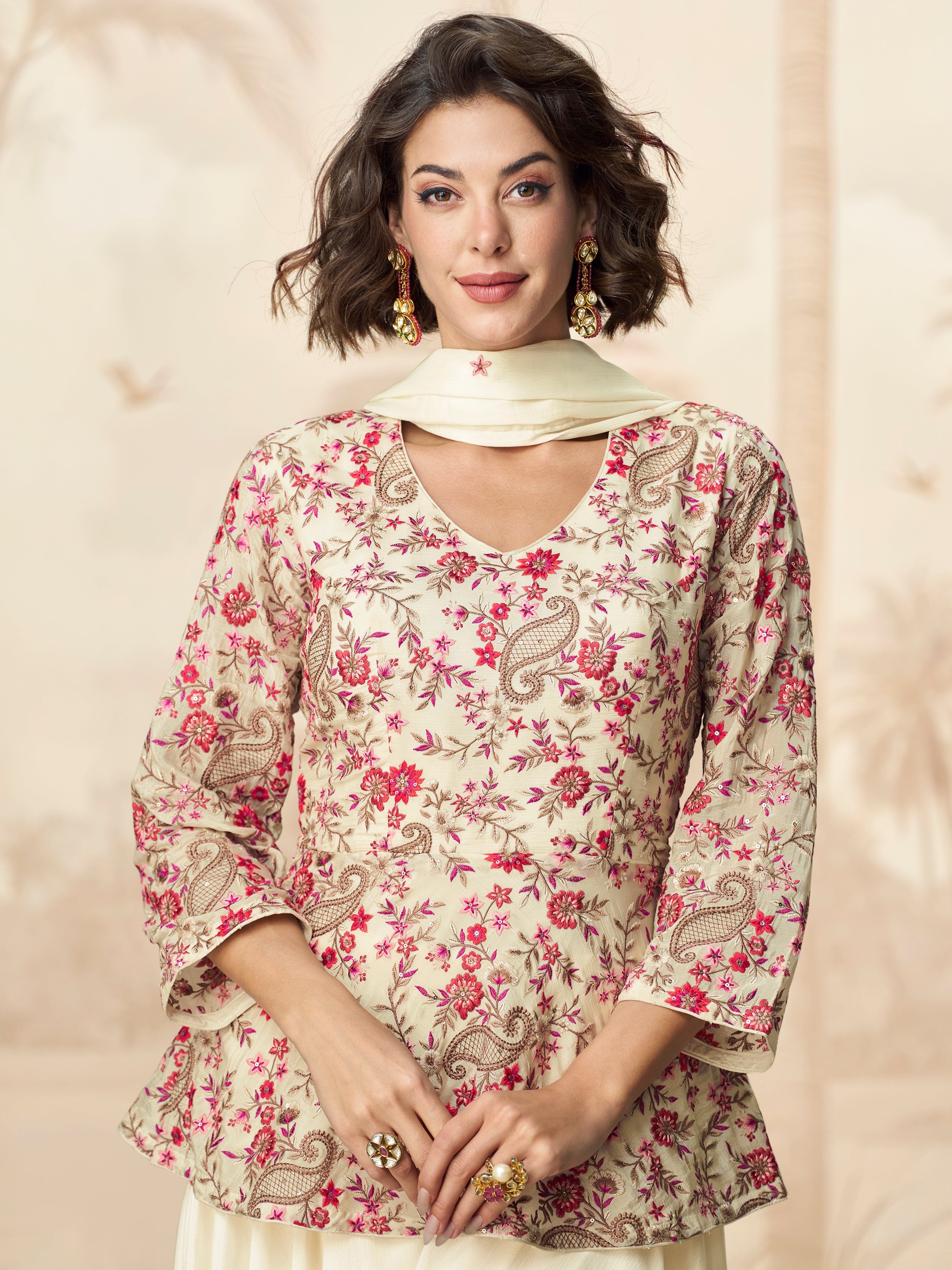 Designer Ivory Embroidered Palazzo Suit with Dupatta