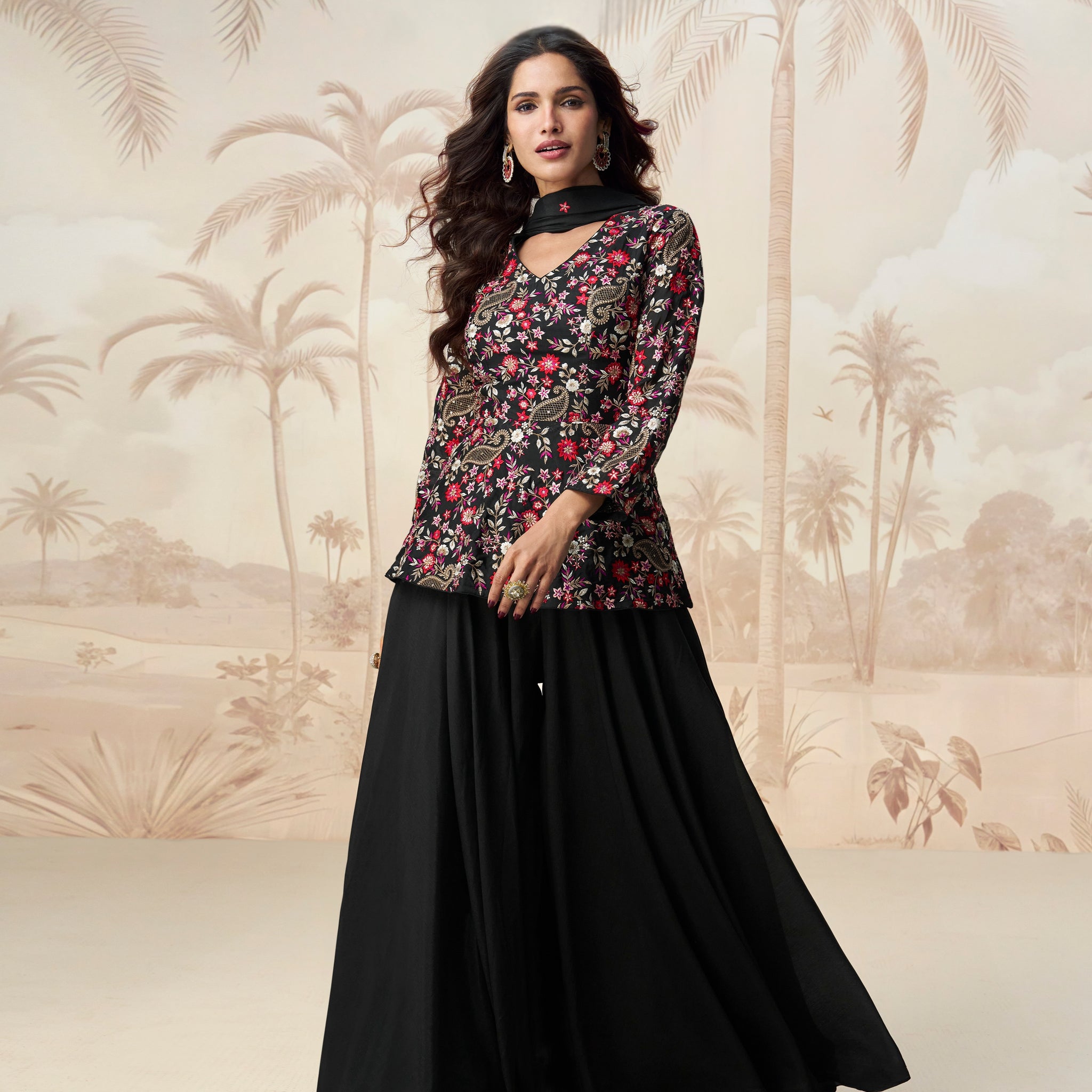 Black embroidered palazzo suit for festive wear with flared pants