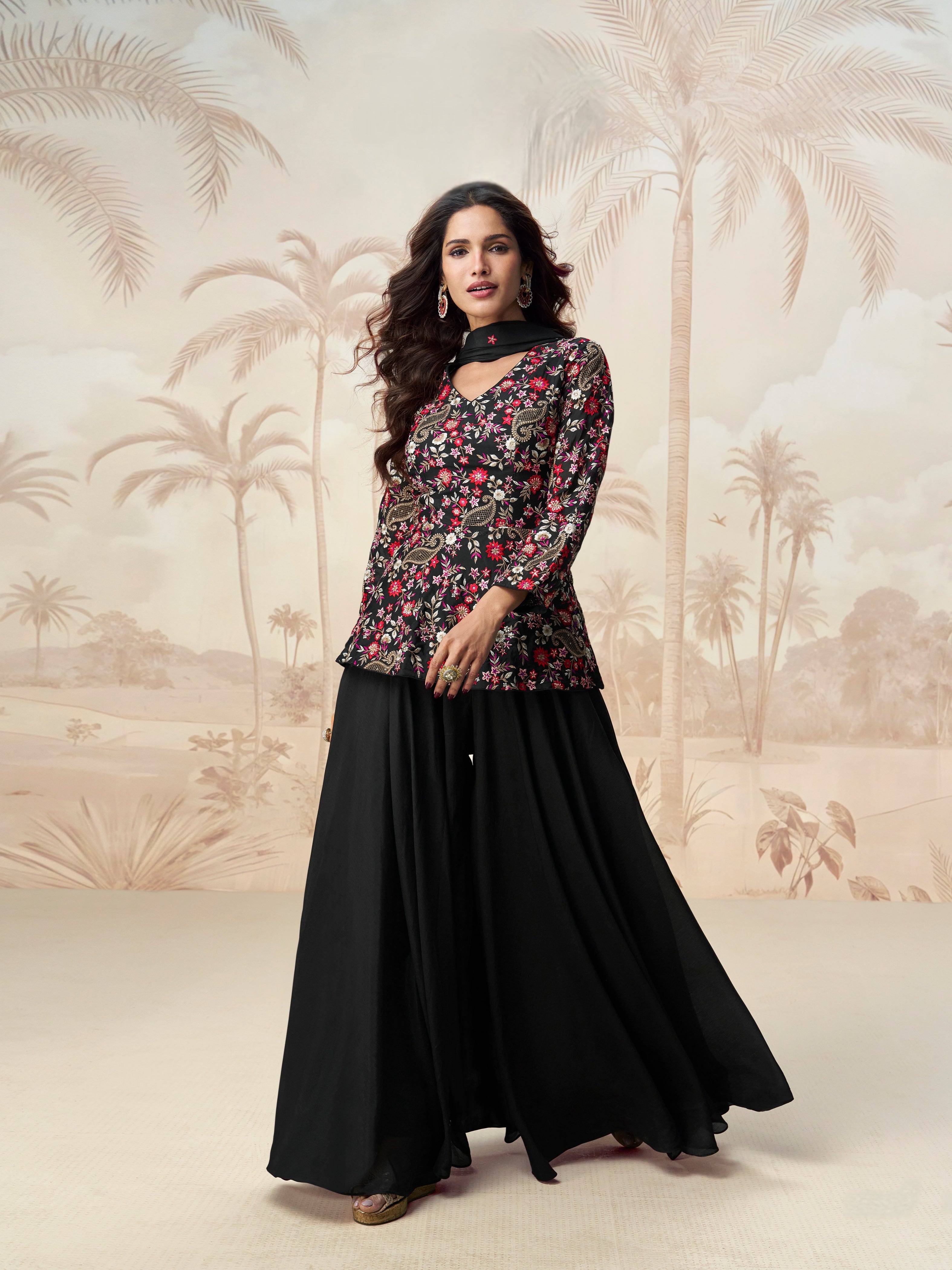 Black embroidered palazzo suit for festive wear with flared pants