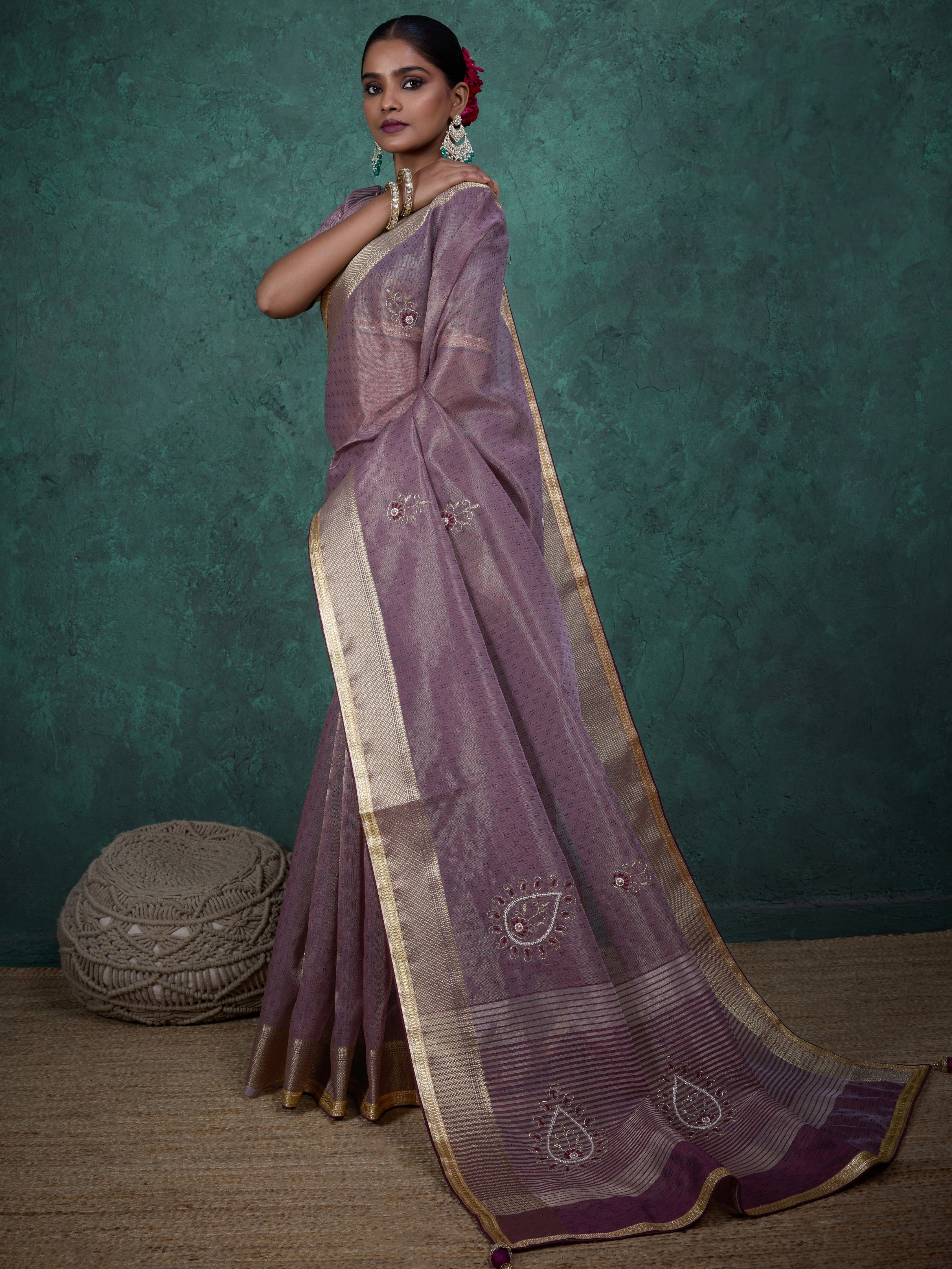 Self jacquard mauve saree with ethnic hand embroidery
