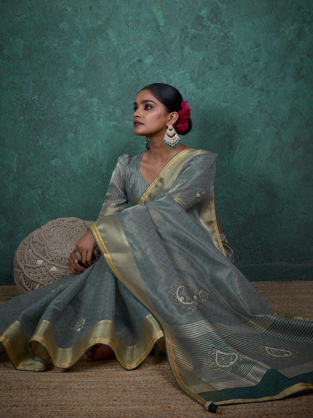Rose pink saree with golden border and embroidery