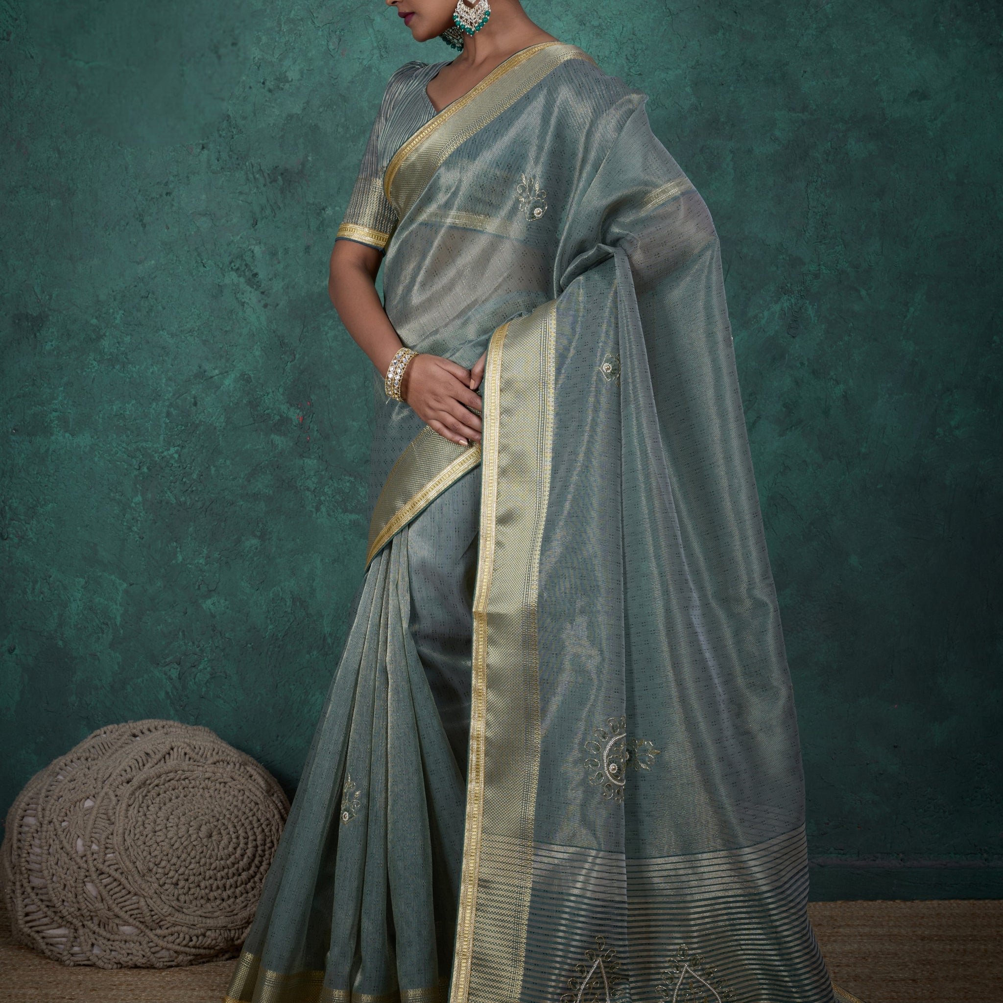 Rose pink saree with golden border and embroidery