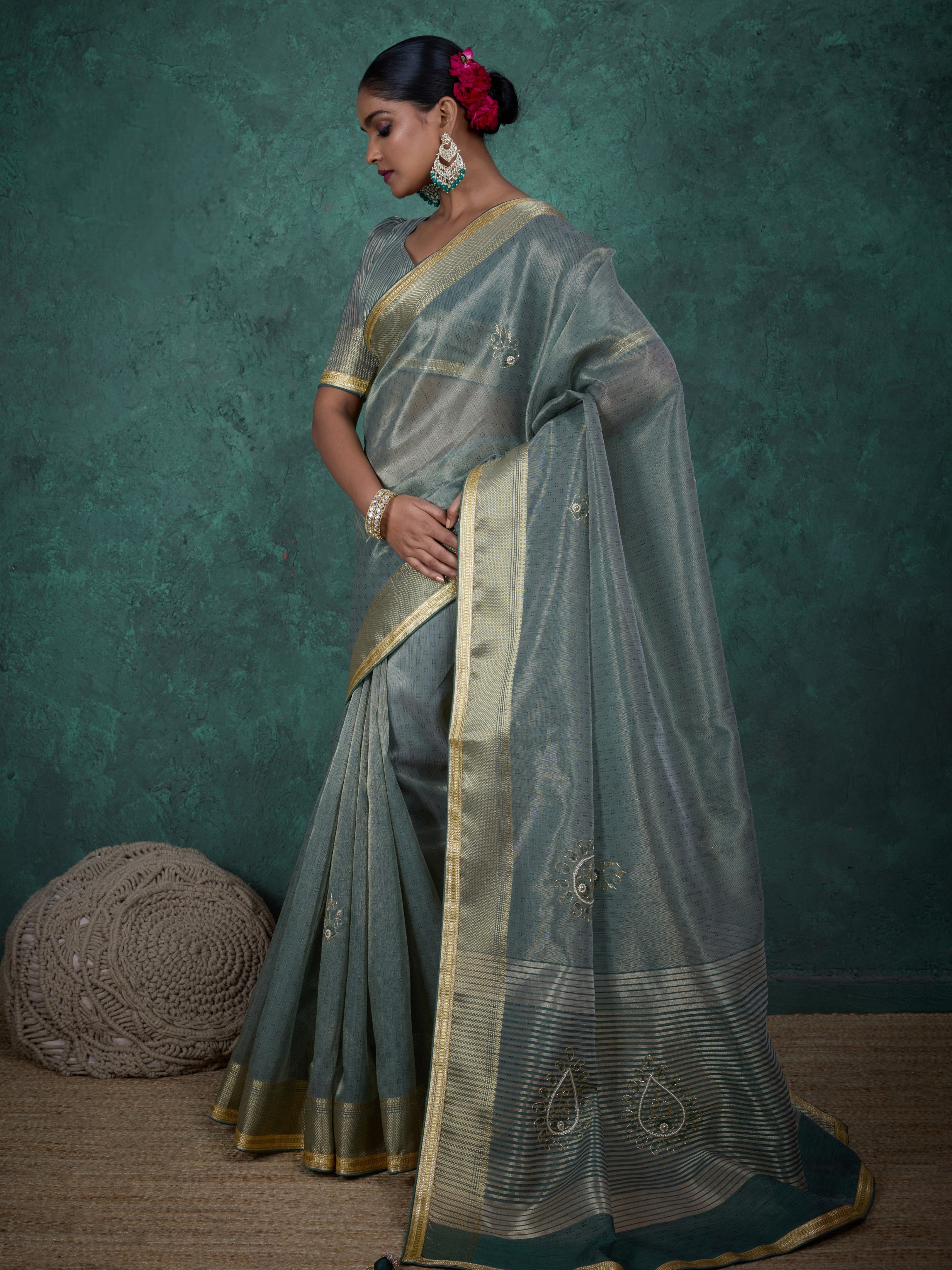 Rose pink saree with golden border and embroidery