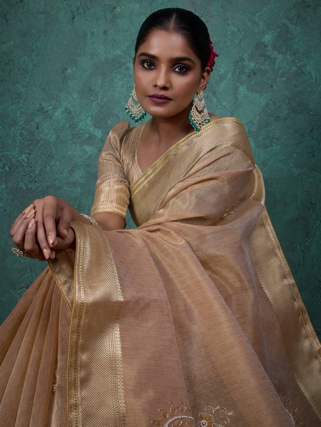 Beige gold tissue linen saree with elegant embroidery