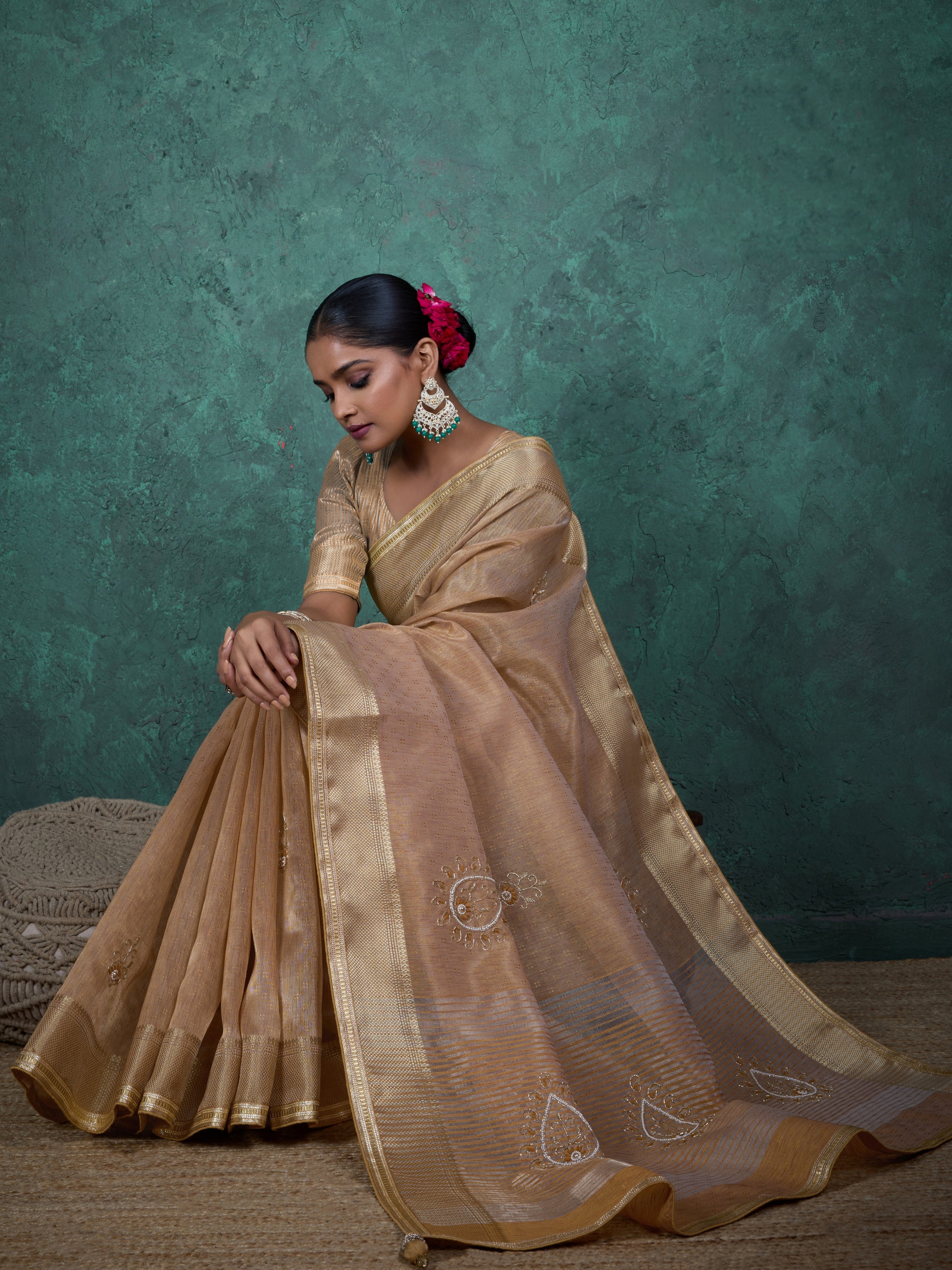 Handcrafted linen saree in beige gold hue