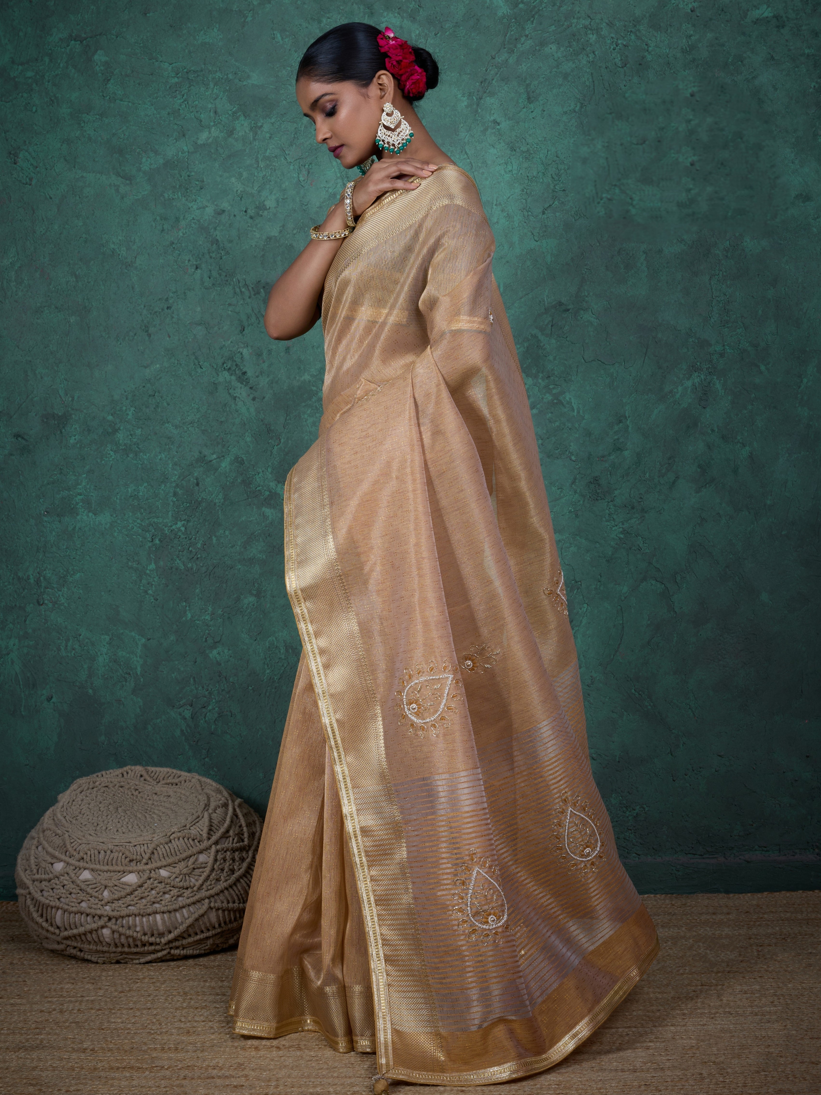 Beige gold tissue linen saree with elegant embroidery