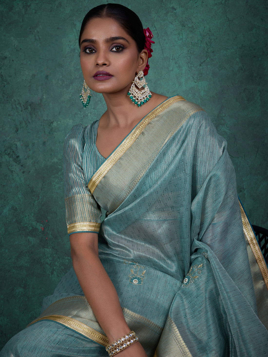 Aqua blue saree in jacquard linen with hand embroidery