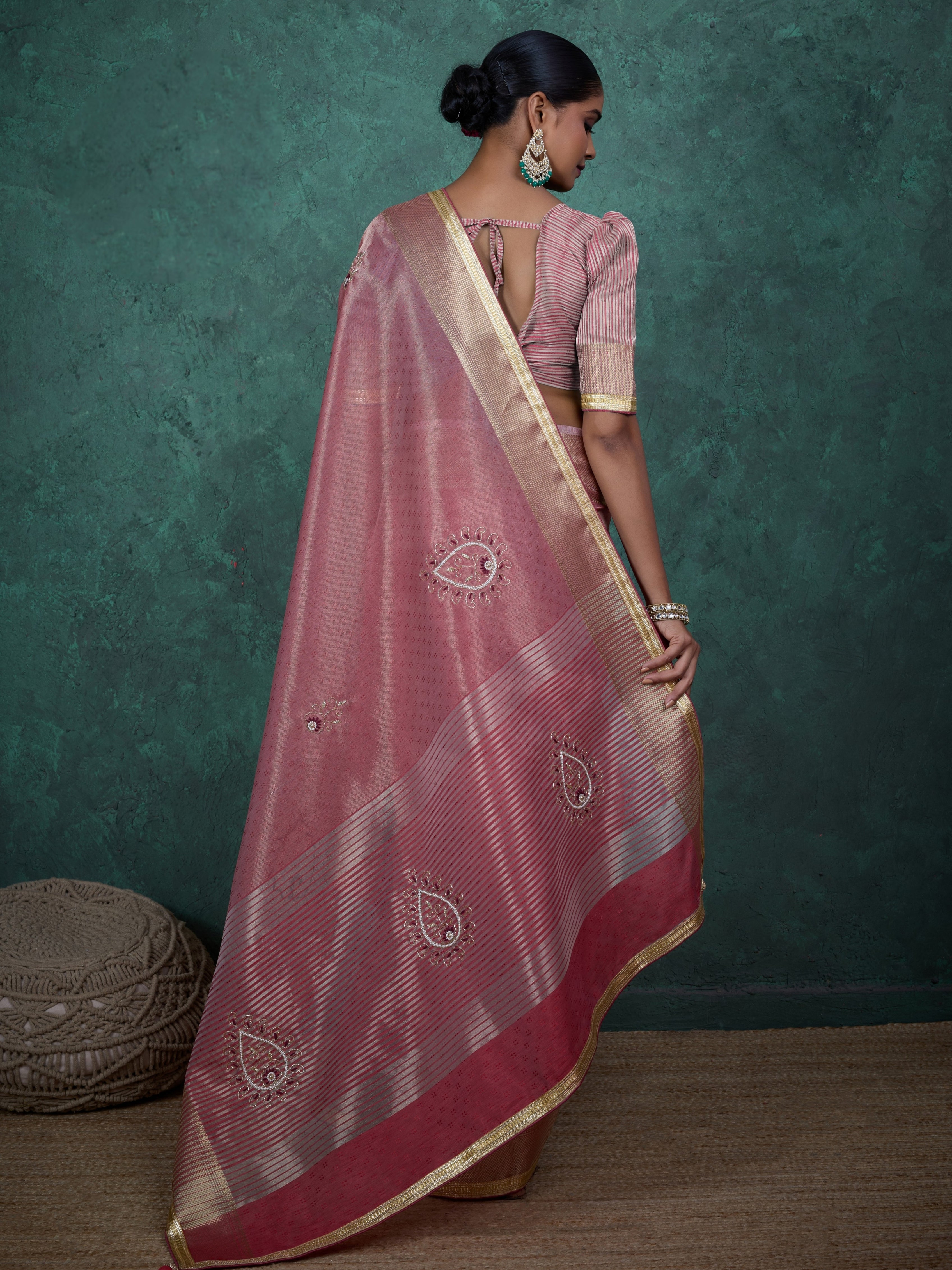 Rose pink traditional saree with hand detailing