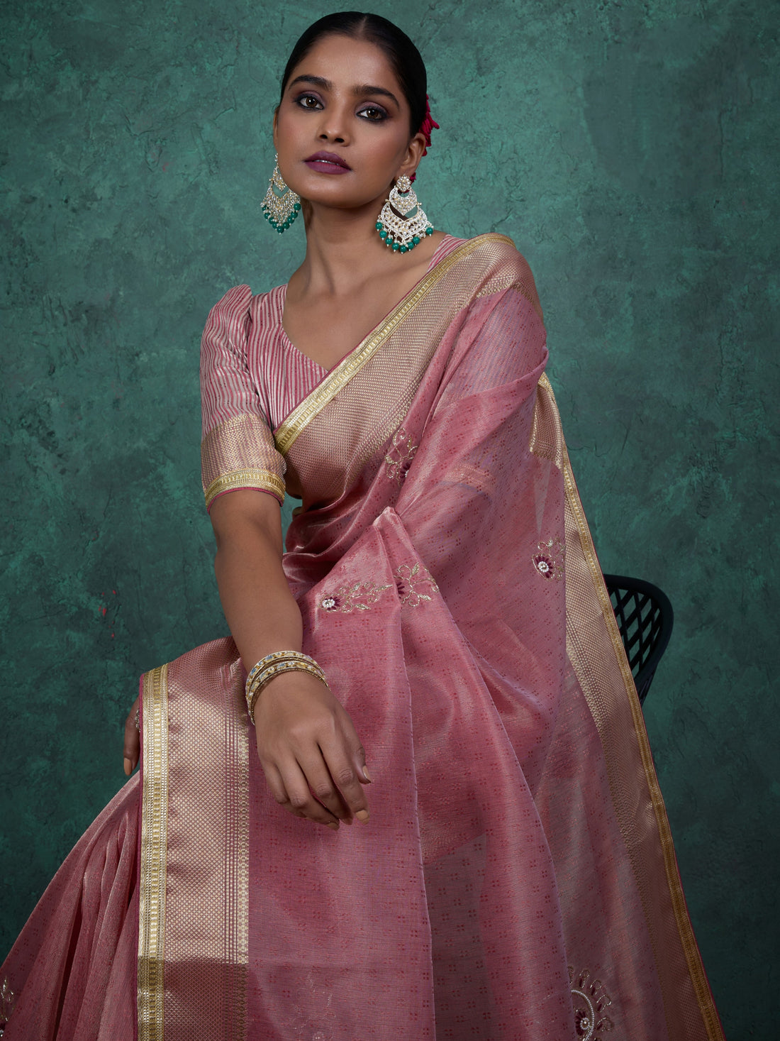 Rose pink saree with golden border and embroidery