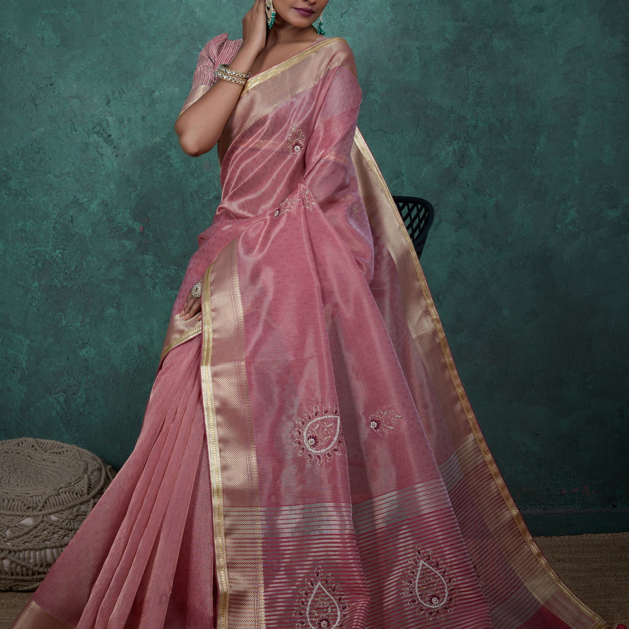 Rose pink saree with golden border and embroidery