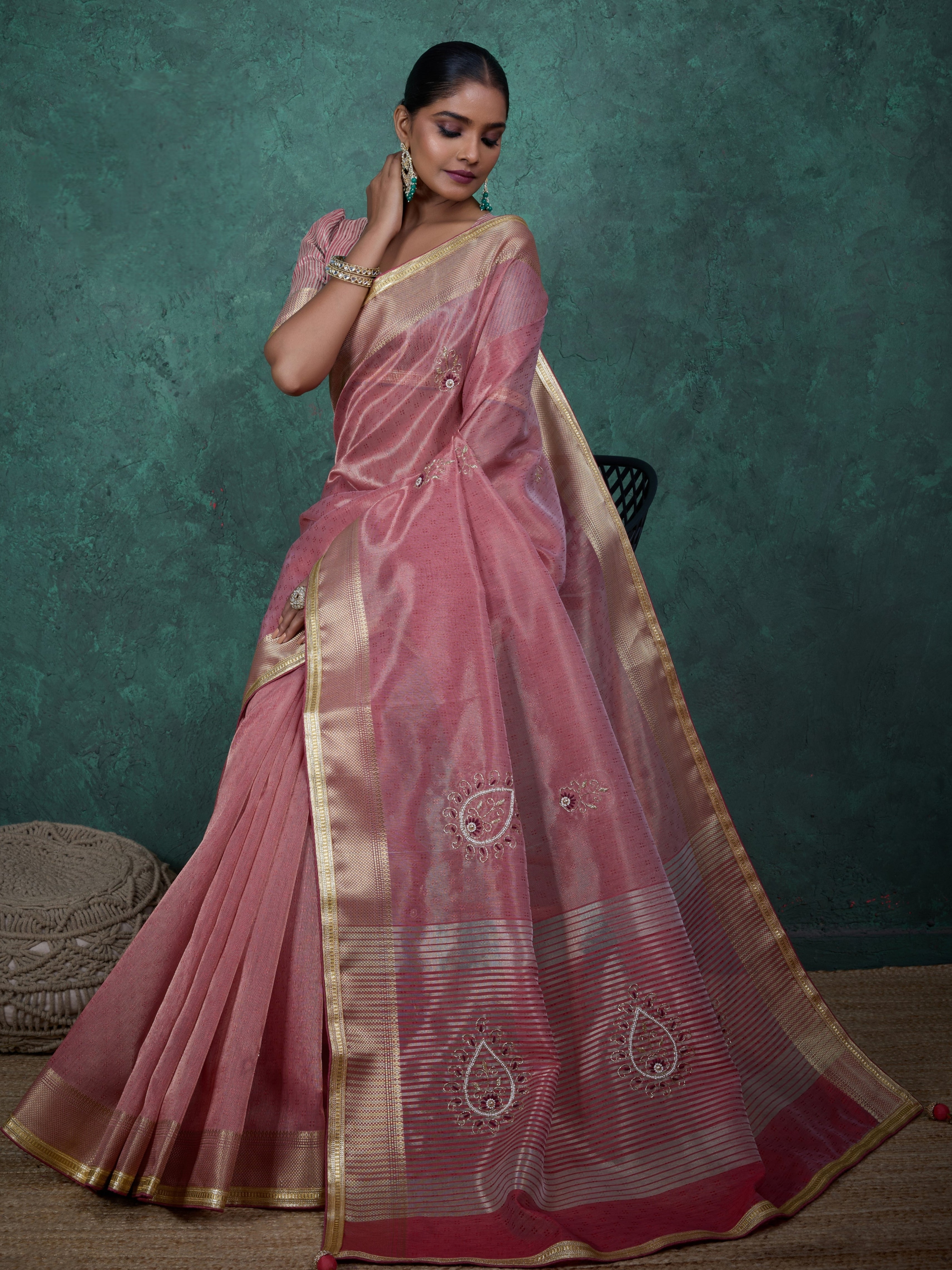 Rose pink saree with golden border and embroidery