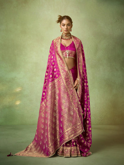 Pink Banarasi Saree Satin Katan with Heavy Zircon &amp; Lace Border
