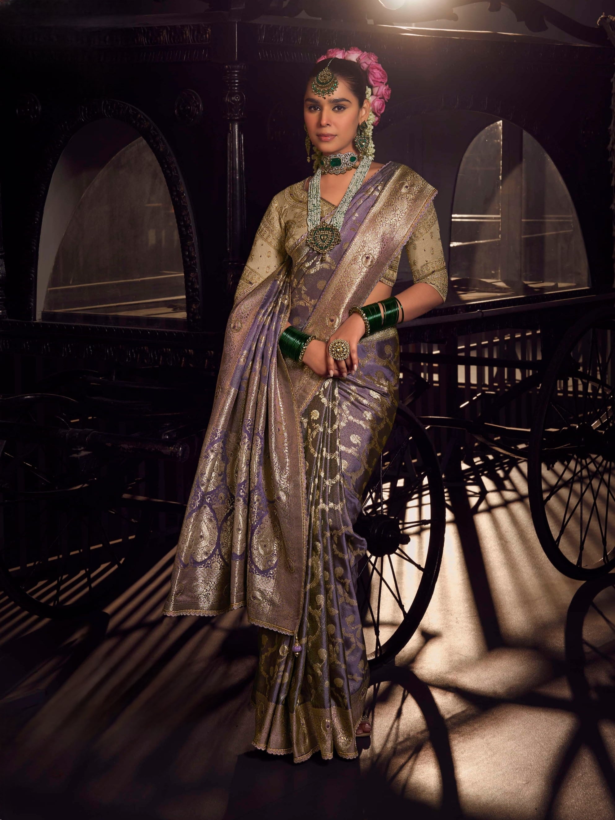 Lavender Banarasi saree with handworked pallu and heavy embroidered designer blouse
