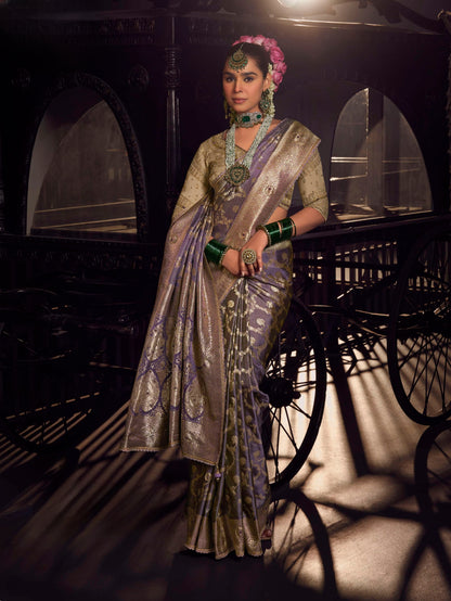 Lavender Banarasi saree with handworked pallu and heavy embroidered designer blouse