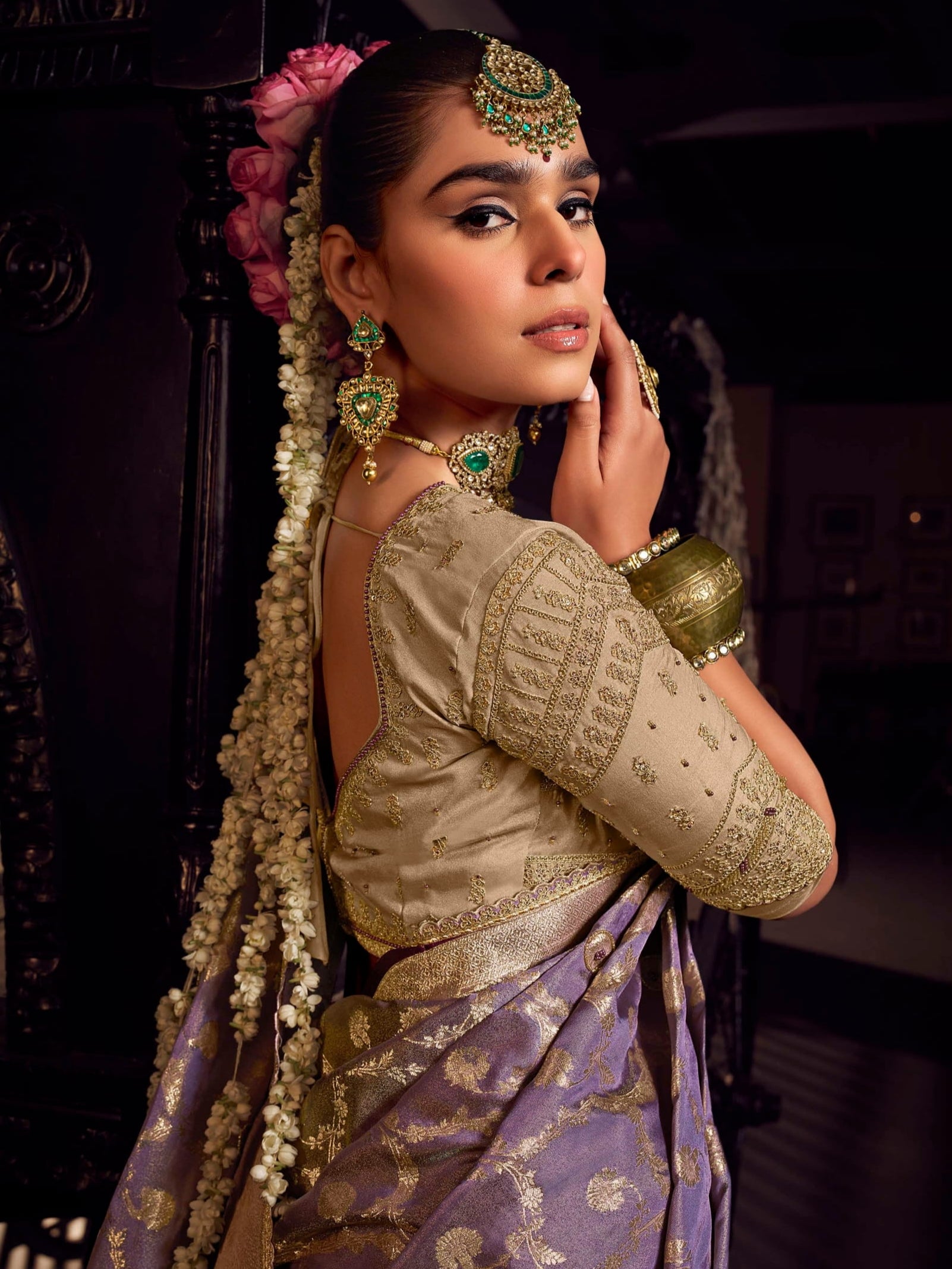 Buy lavender Banarasi saree with pure viscose tissue silk and heavy embroidery blouse online