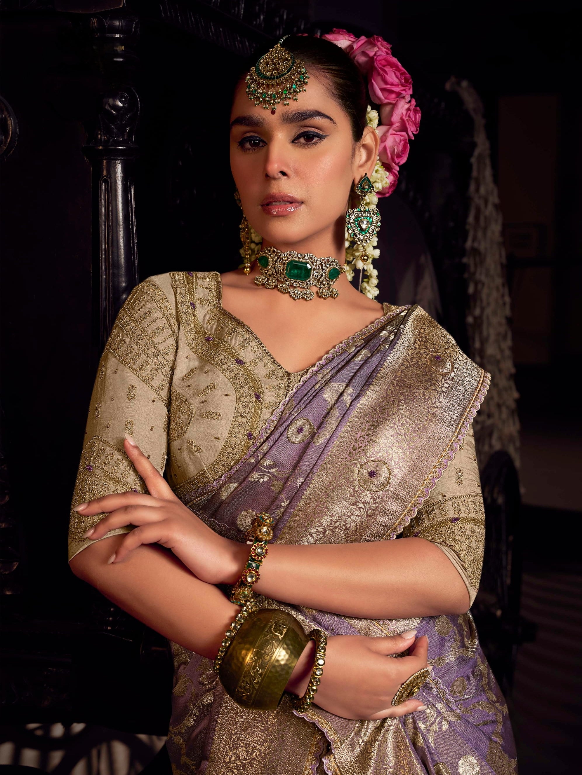 Pure viscose lavender Banarasi saree with rich hand embroidery and luxury party wear look