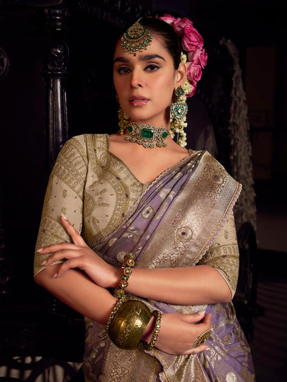 Pure viscose lavender Banarasi saree with rich hand embroidery and luxury party wear look